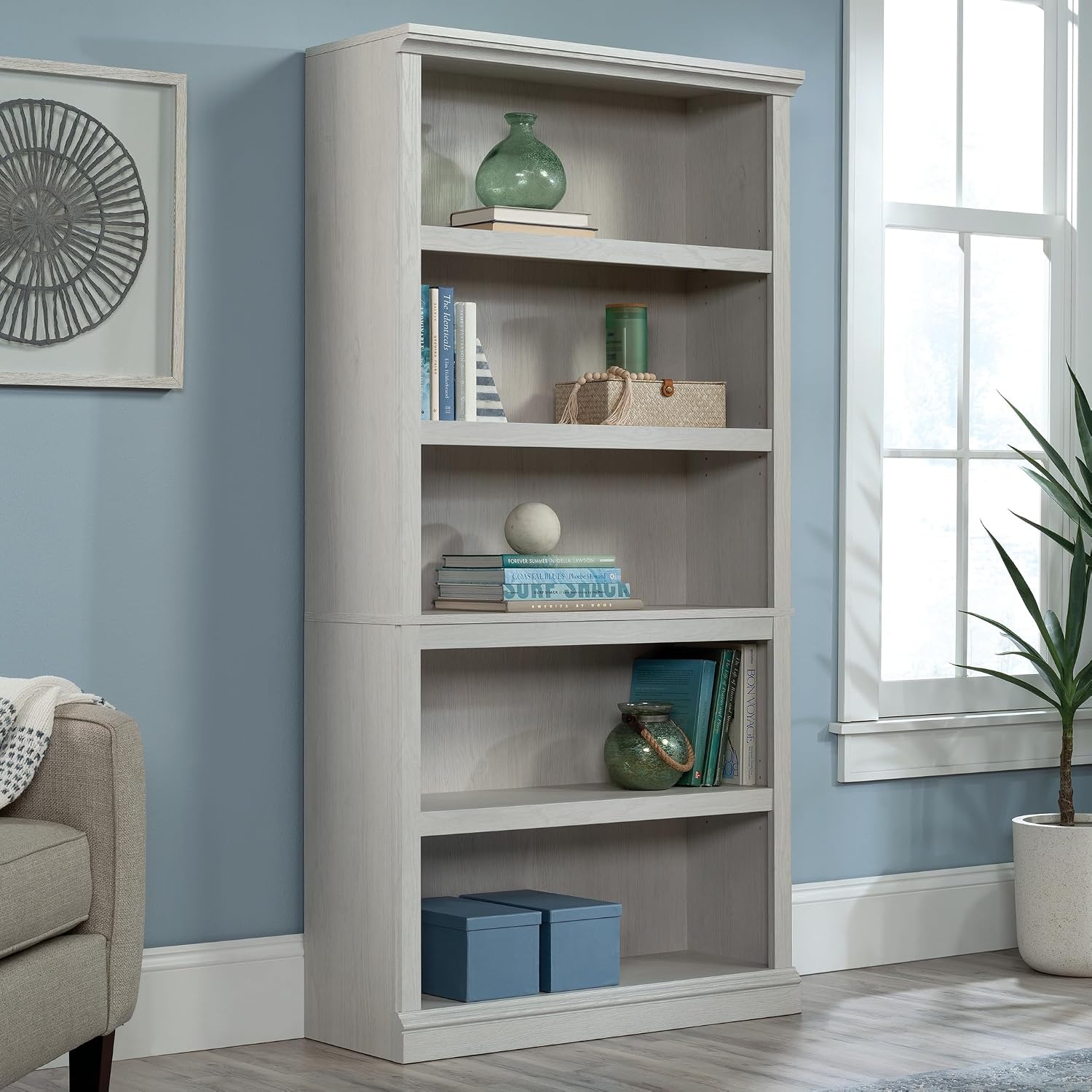 Sauder 5 Tier Book Shelf Wooden Bookcase Multipurpose Bookshelf for Home Office, Living Room, in Glacier Oak