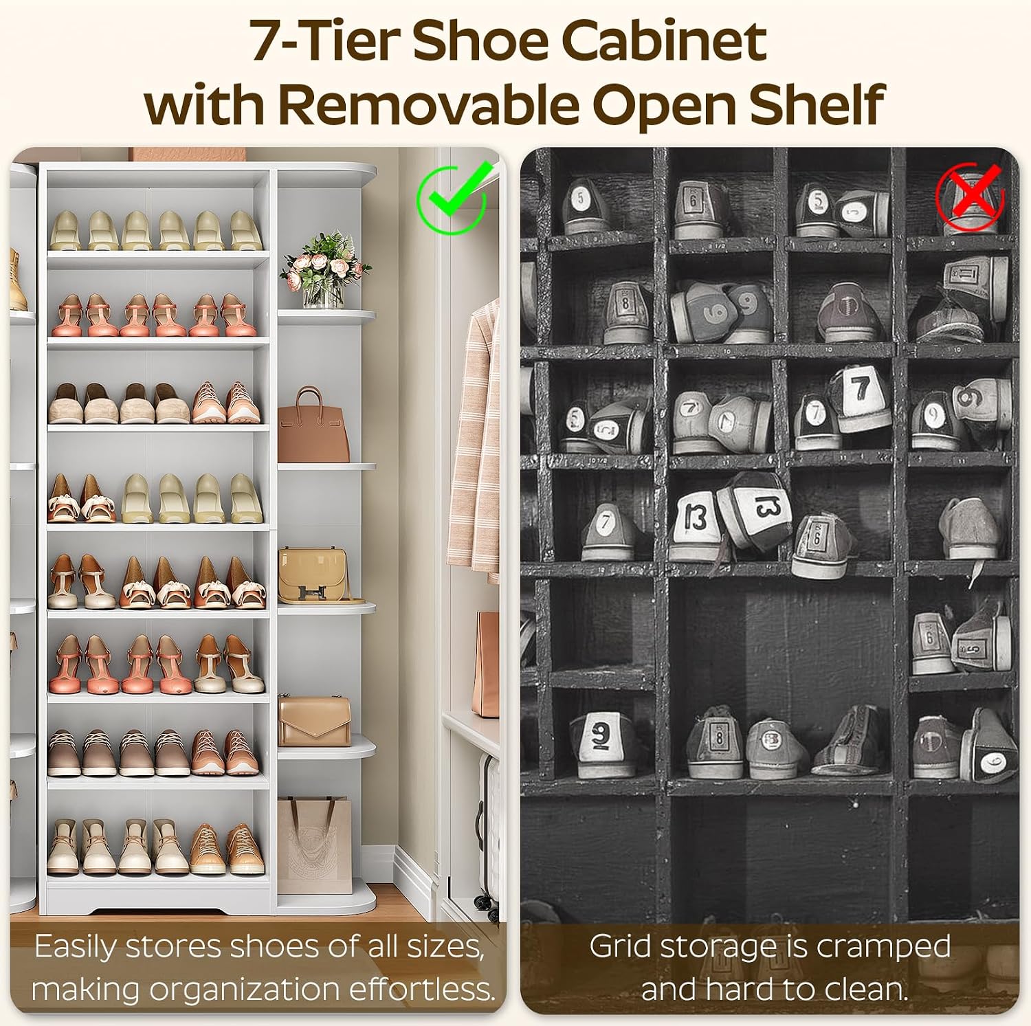 YATINEY Tall Shoe Rack, Multifunctional Shoe Cabinet with Open Storage, Entryway Shoe Organizer for Closet, 9-Tier Wooden Shoe Storage Closet with Adjustable Shelves, White SC22WT