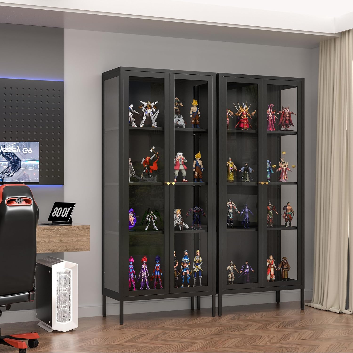 Polup Display Cabinet with 3 Side Tempered Glass, 66' Tall Curio Cabinet with Glass Doors, Black Display Case for Collectibles, Metal Storage Cabinet & Bookcase for Living Room, Assemble Required