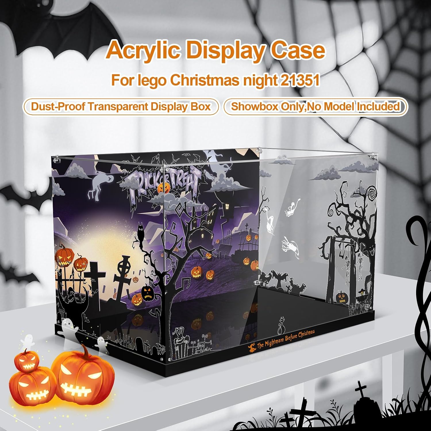 Display Case for 21351 Lego Disney Tim Burton's The Nightmare Before Christmas Building Set - Acrylic Box with Crystal Nut Design & Printed Background (Case Only, Model Not Included)