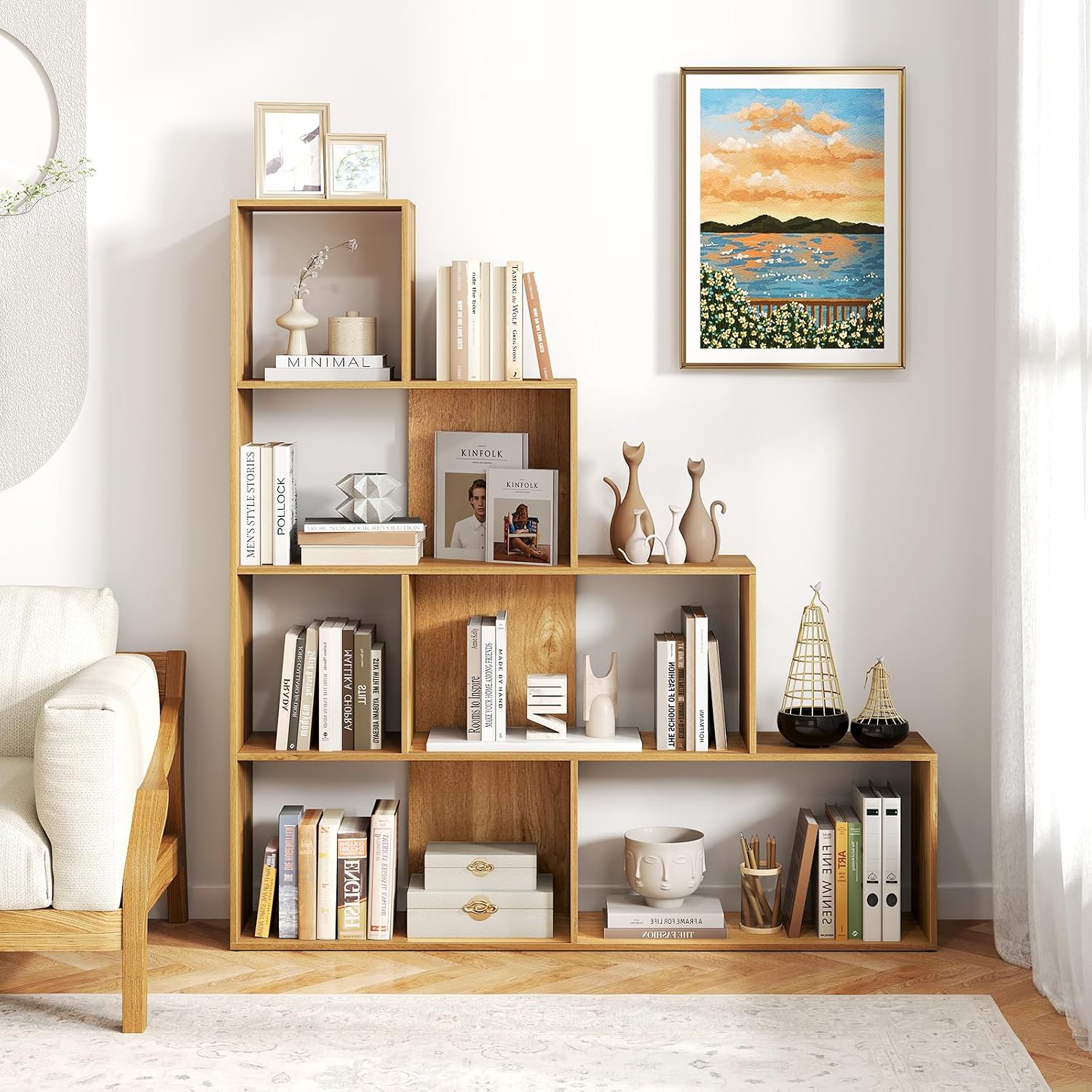 Tangkula 4-Tier Stepped Bookshelf, Freestanding 6 Cubes Ladder Bookcase with Anti-Tipping Kits, 64' Tall Modern Wooden Storage Display Rack for Home Office Living Room Study (1, Natural)