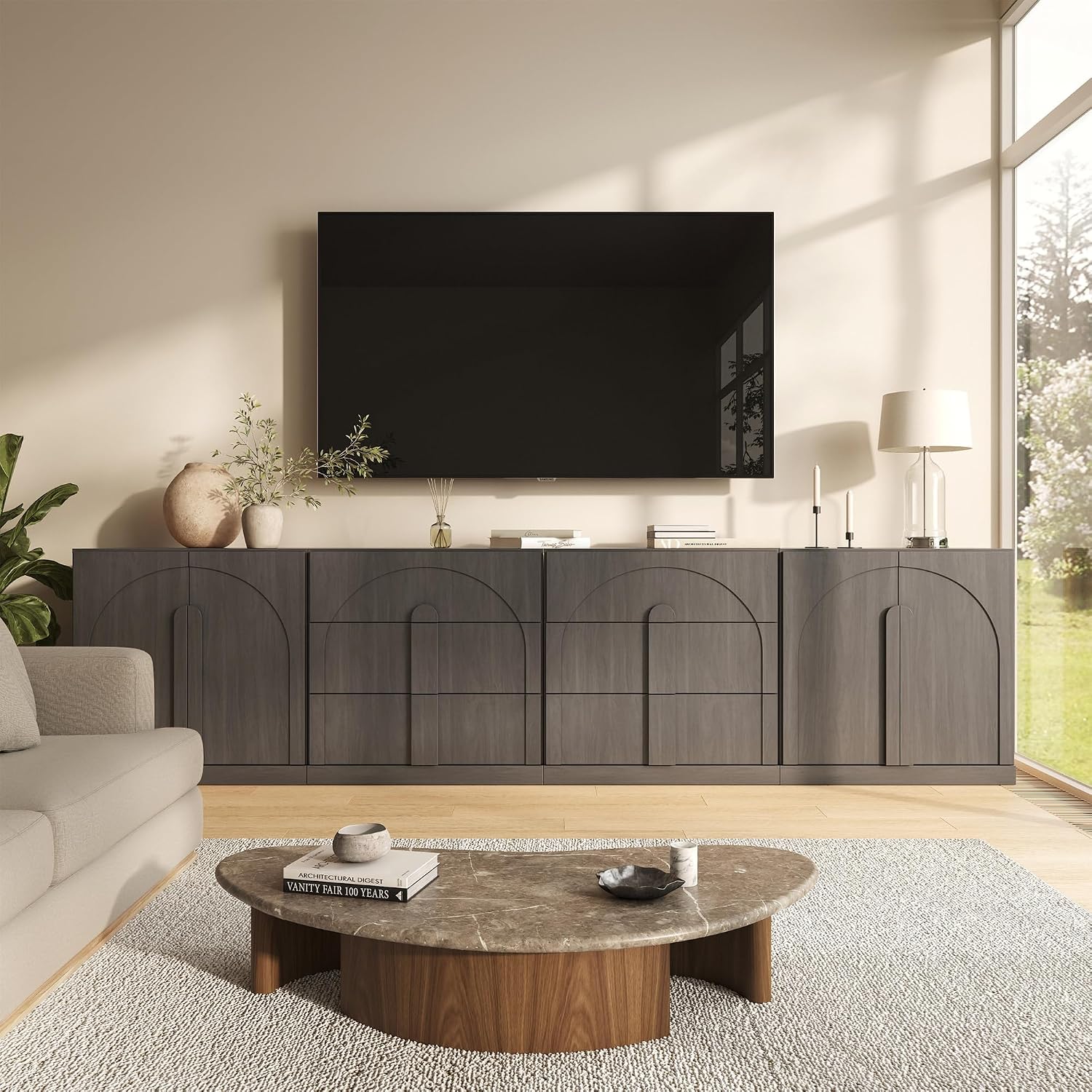 BELLEZE Modular Sideboard Cabinet Set Freely Configurable, 4-Piece Modern Buffet Cabinet 2 Arched Wood Door Credenza and 2 3-Drawer Storage, Media Console for Living Room Kitchen, Ebony