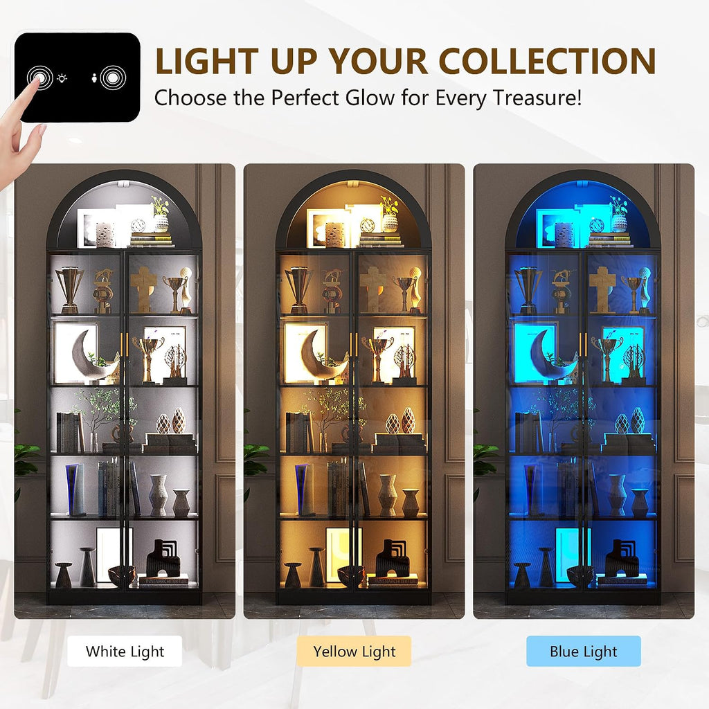 FREDEES Arch Display Cabinet with Doors, 76' Tall Display Case with Adjustable Shelves/3 Colors LED Lights, 6 Tier Bookcase for Collectibles Bedroom Living Room Office, Black