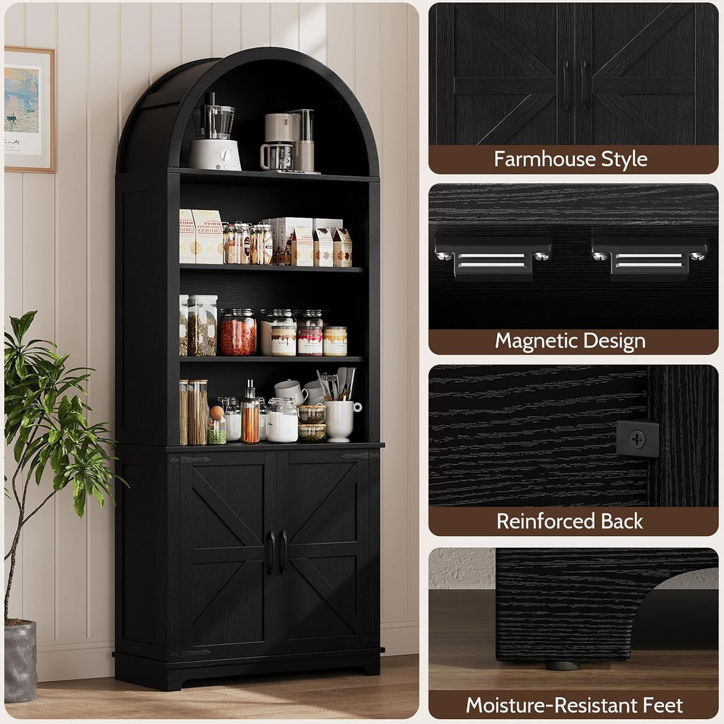 6-Tier Farmhouse Arched Bookcase with Doors, 70' Tall Wood Bookshelf with Storage,Open Shelves for Living Room or Office, Black, 1-Pack