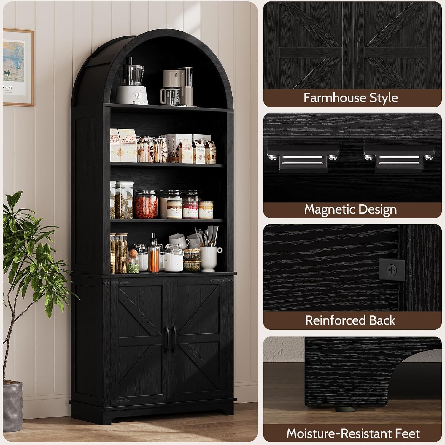 6-Tier Farmhouse Arched Bookcase with Doors, 70' Tall Wood Bookshelf with Storage,Open Shelves for Living Room or Office, Black, 1-Pack