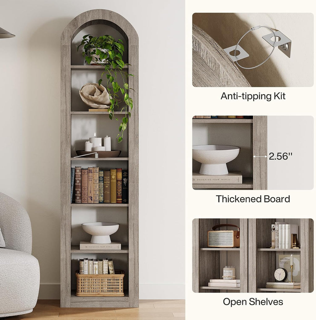 Tribesigns 74.8' Tall Arched Bookshelf, 6-Tier Narrow Open Bookcase, Floor Standing Corner Display Shelves Storage Organizer for Small Space, Home Office, Living Room (Grey, 1 PC)