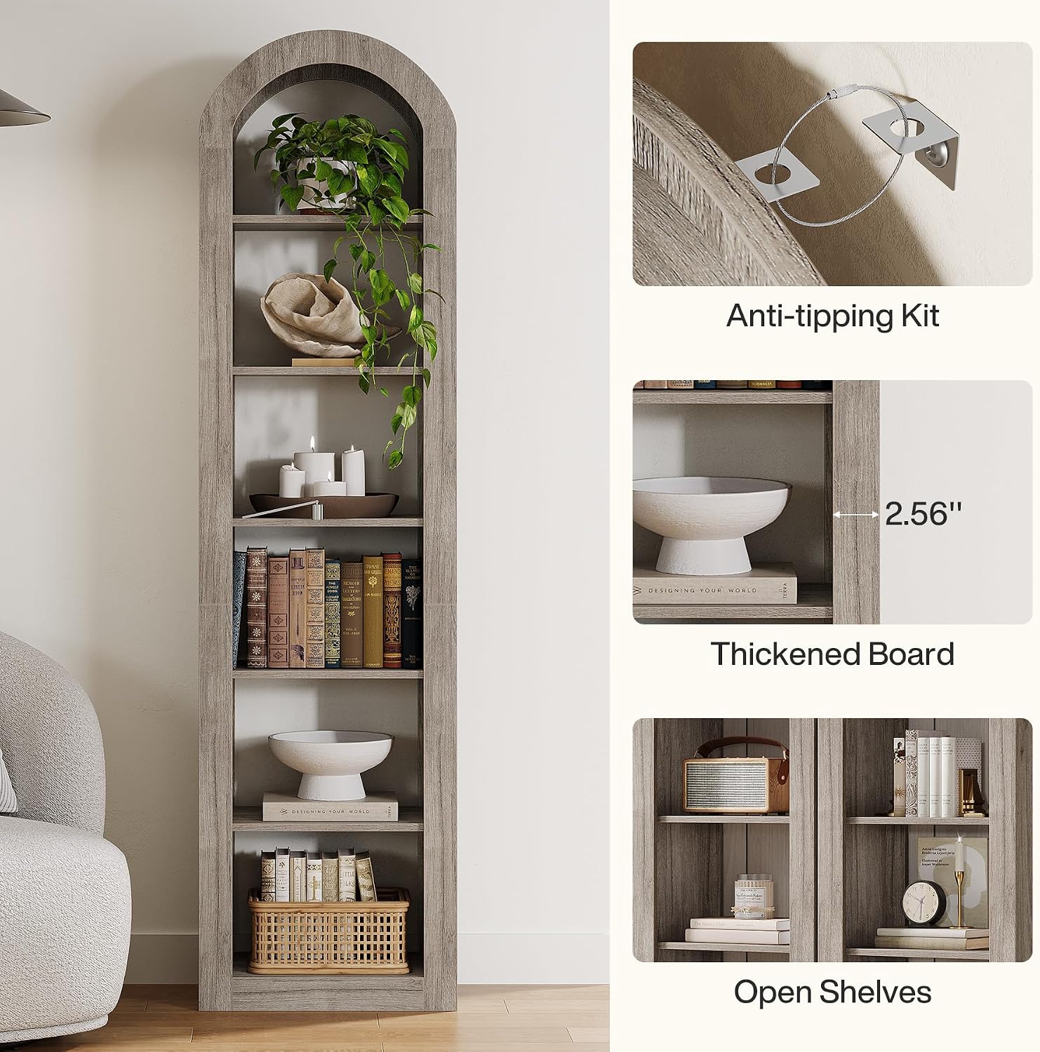 Tribesigns 74.8' Tall Arched Bookshelf, 6-Tier Narrow Open Bookcase, Floor Standing Corner Display Shelves Storage Organizer for Small Space, Home Office, Living Room (Grey, 1 PC)