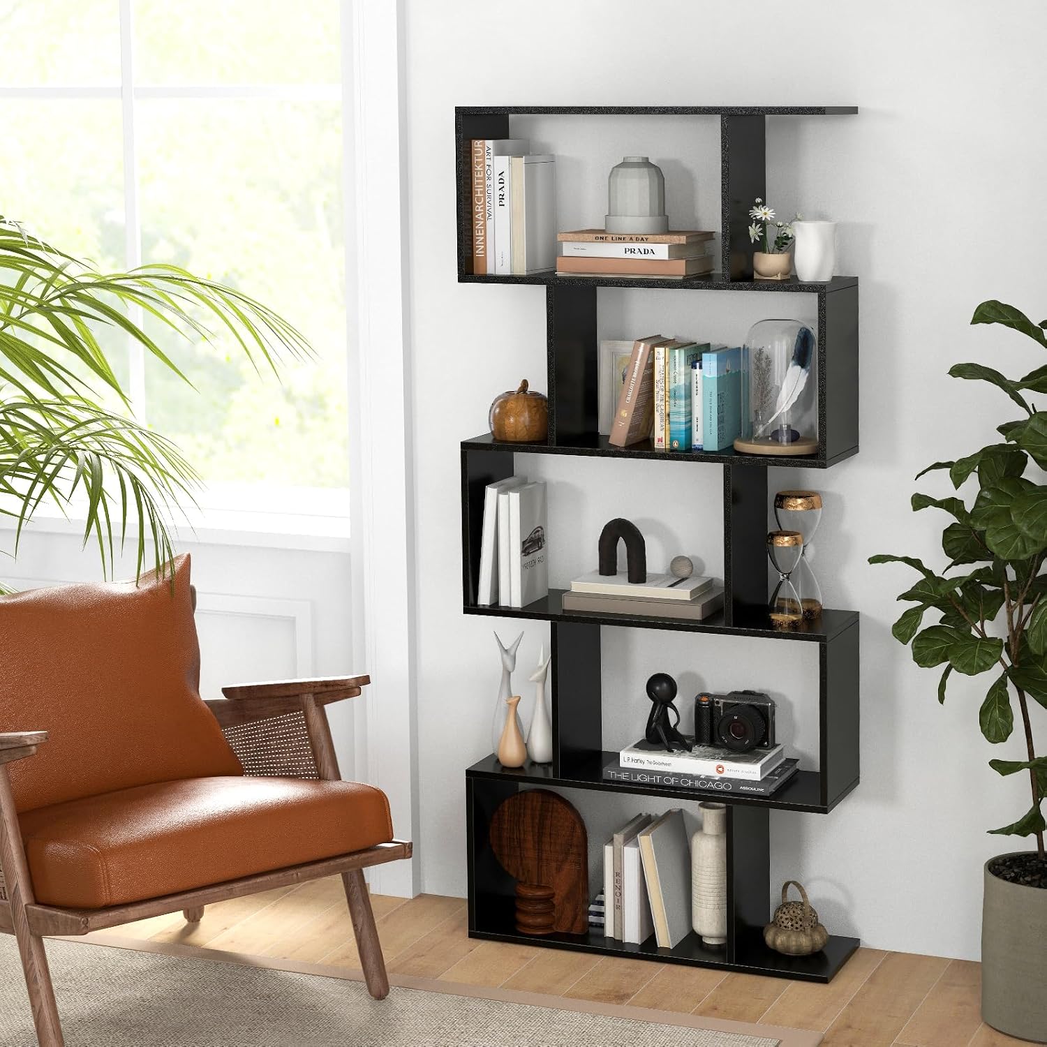 Tangkula 5-Tier Geometric Bookshelf, S Shaped Bookcase w/Anti-Toppling Device, Freestanding Room Divider, Industrial Home Office Decor Wood Open Storage Display Shelf for Living Room (2, Black)