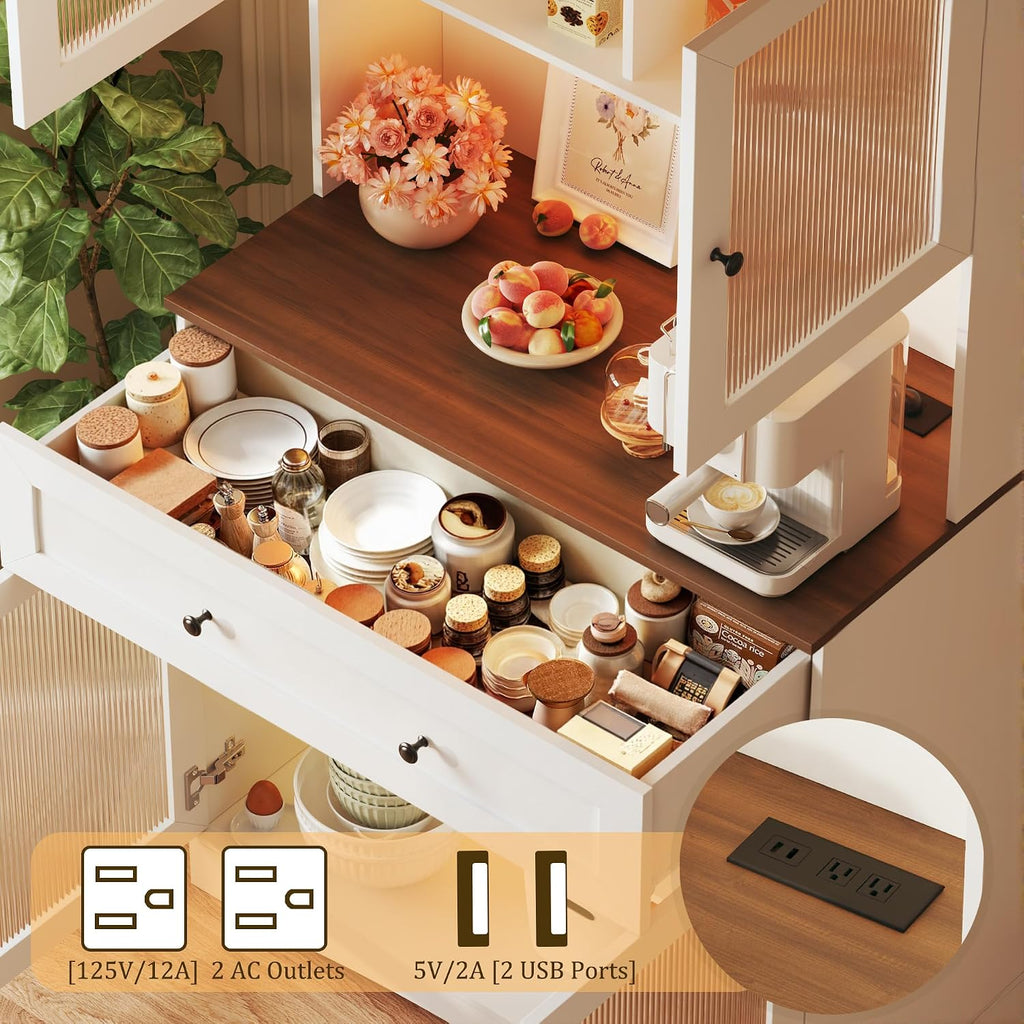 HUAHUU 71' Pantry Cabinet with LED Lights and Charging Station, Kitchen Pantry Storage Cabinet with Large Drawer, 4 Doors and 3 Adjustable Shelves, Kitchen Cabinets with Countertop, Light White