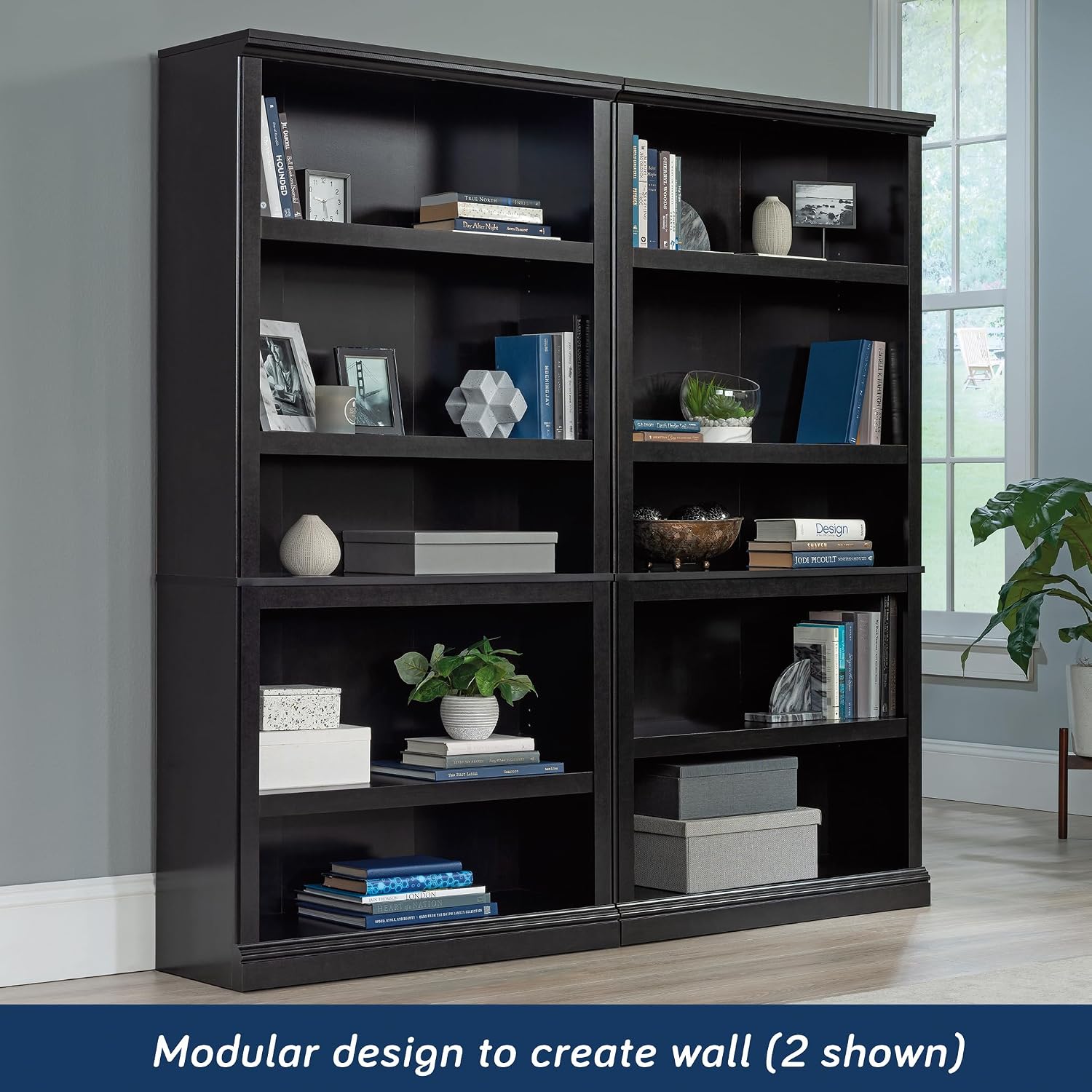 Sauder 5 Tier Book Shelf Wooden Bookcase Multipurpose Bookshelf for Home Office, Living Room, in Estate Black finish
