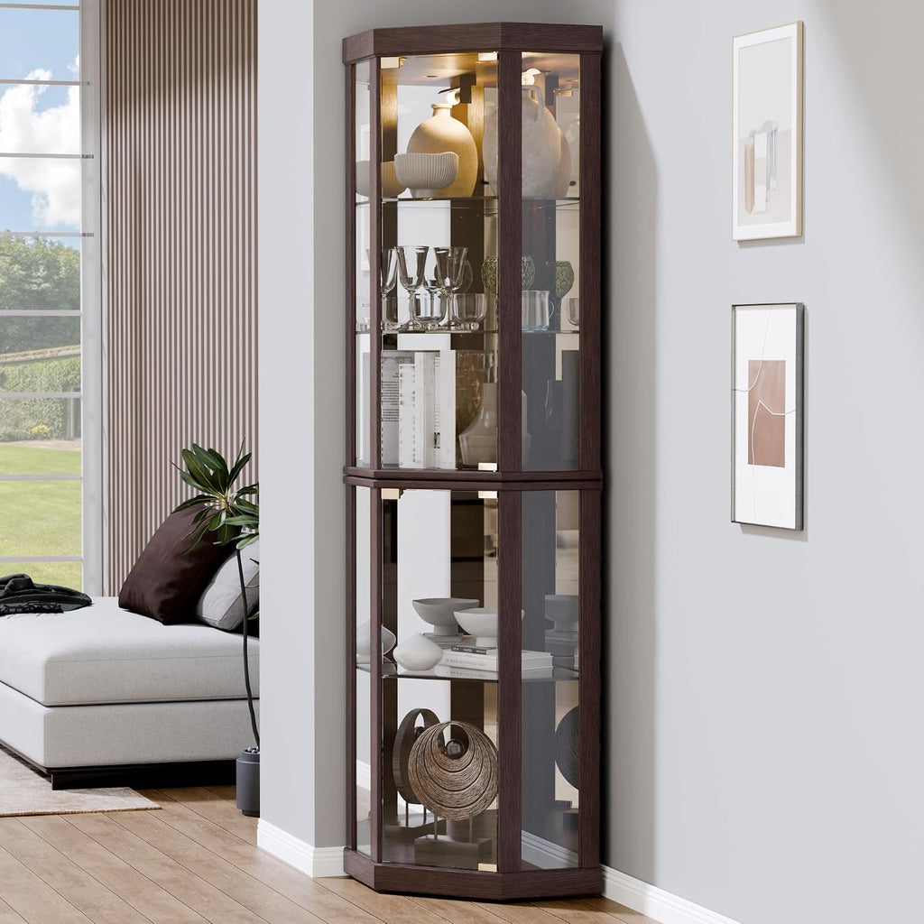 Lighted 3-Side Glass Display Curio Cabinet, Accent Wooden Corner Cabinet with Elegant Glass Door, Wooden Storage Display Case for Living Room, Dining Room, Dark Cherry