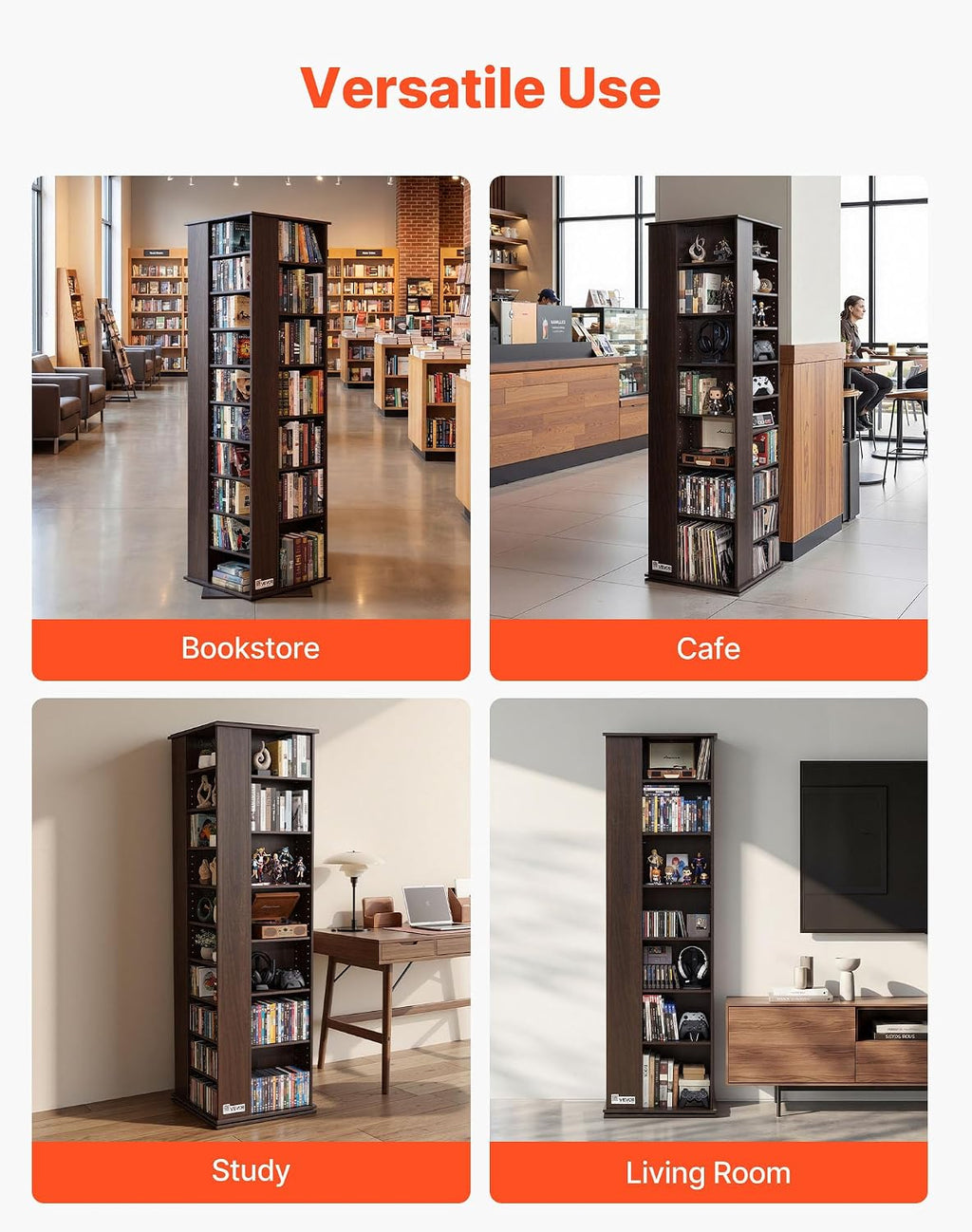 VEVOR Media Storage Cabinet, CD Rack Tower, 34 Compartments Rotating Media Tower Rack for CDs, DVDs, Books and Game Discs, DVD Stand for Living Room, Home Office and Recording Room, Brown