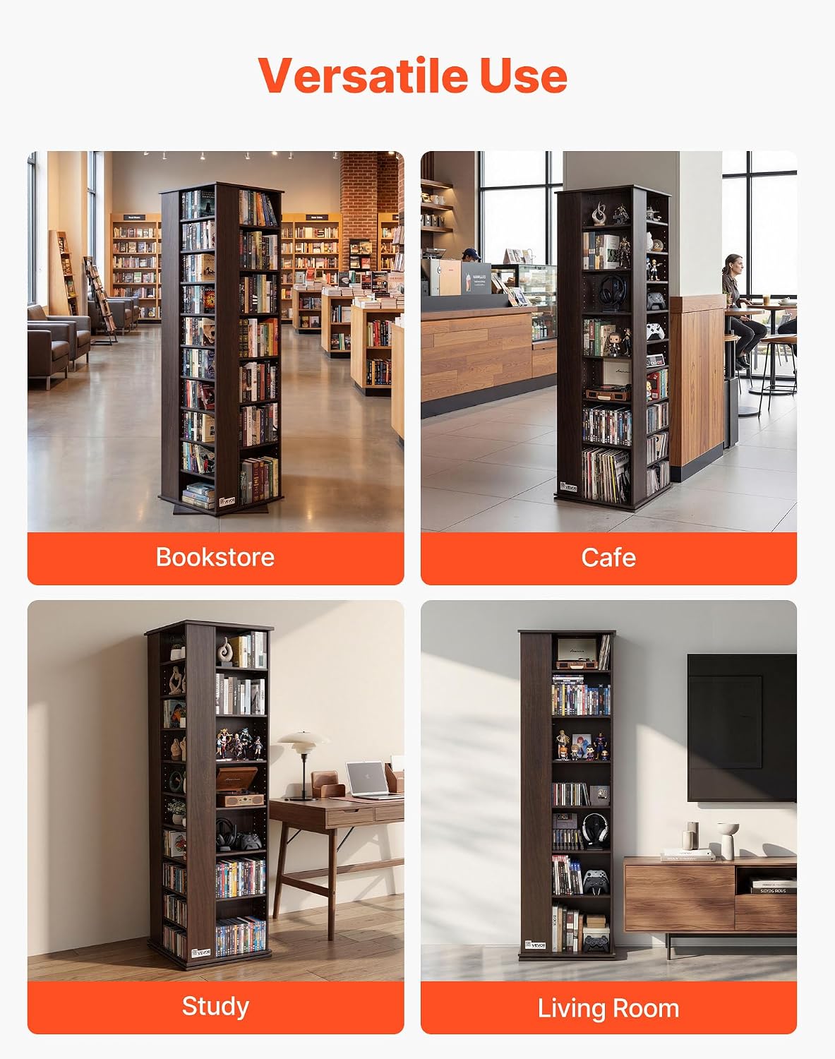 VEVOR Media Storage Cabinet, CD Rack Tower, 34 Compartments Rotating Media Tower Rack for CDs, DVDs, Books and Game Discs, DVD Stand for Living Room, Home Office and Recording Room, Brown