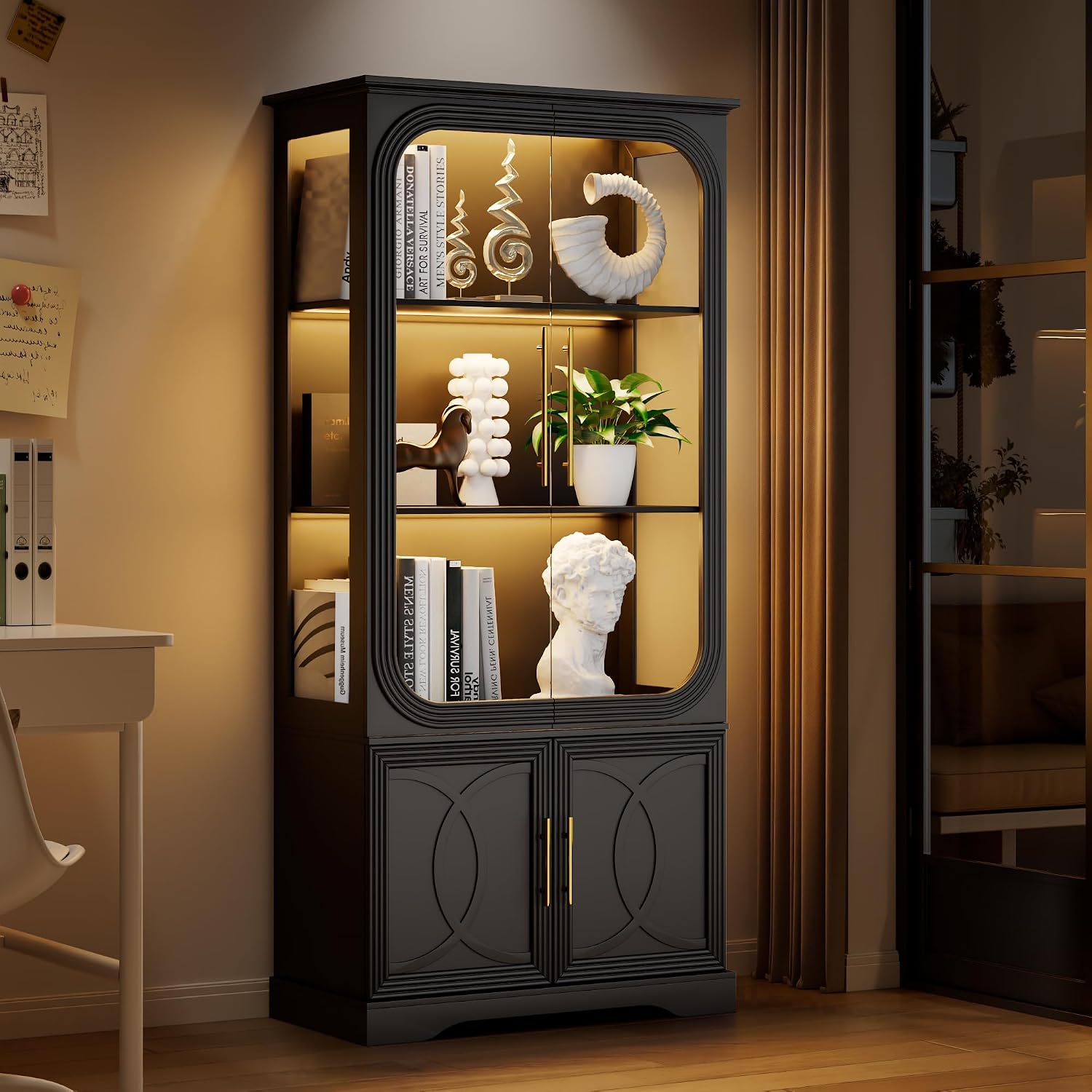 2pc Wood Display Cabinet with Glass Doors, 69' Tall Curio Cabinet with LED Lights, Glass Display Case with Storage and 3 Shelves for Living Room, (Black-2)