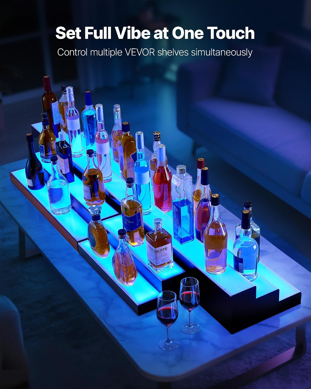 VEVOR LED Lighted Liquor Bottle Display, 3 Tier 70 Inch, Illuminated Home Bar Shelf with RF Remote & App Control, 7 Static Colors, Acrylic Lighted Whiskey Shelf for 52 Bottles, Powered by Adapter Only