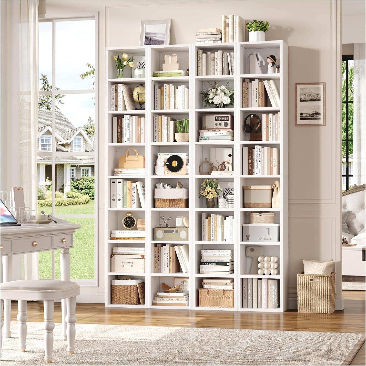 FOTOSOK 2 Pcs 71'' Tall Narrow Bookshelf, 8-Tier Media Tower Rack Set of 2, CD DVD Storage Cabinet with Adjustable Shelves, Tall Narrow Bookcase Skinny Display Bookshelf Slim Shelf, White