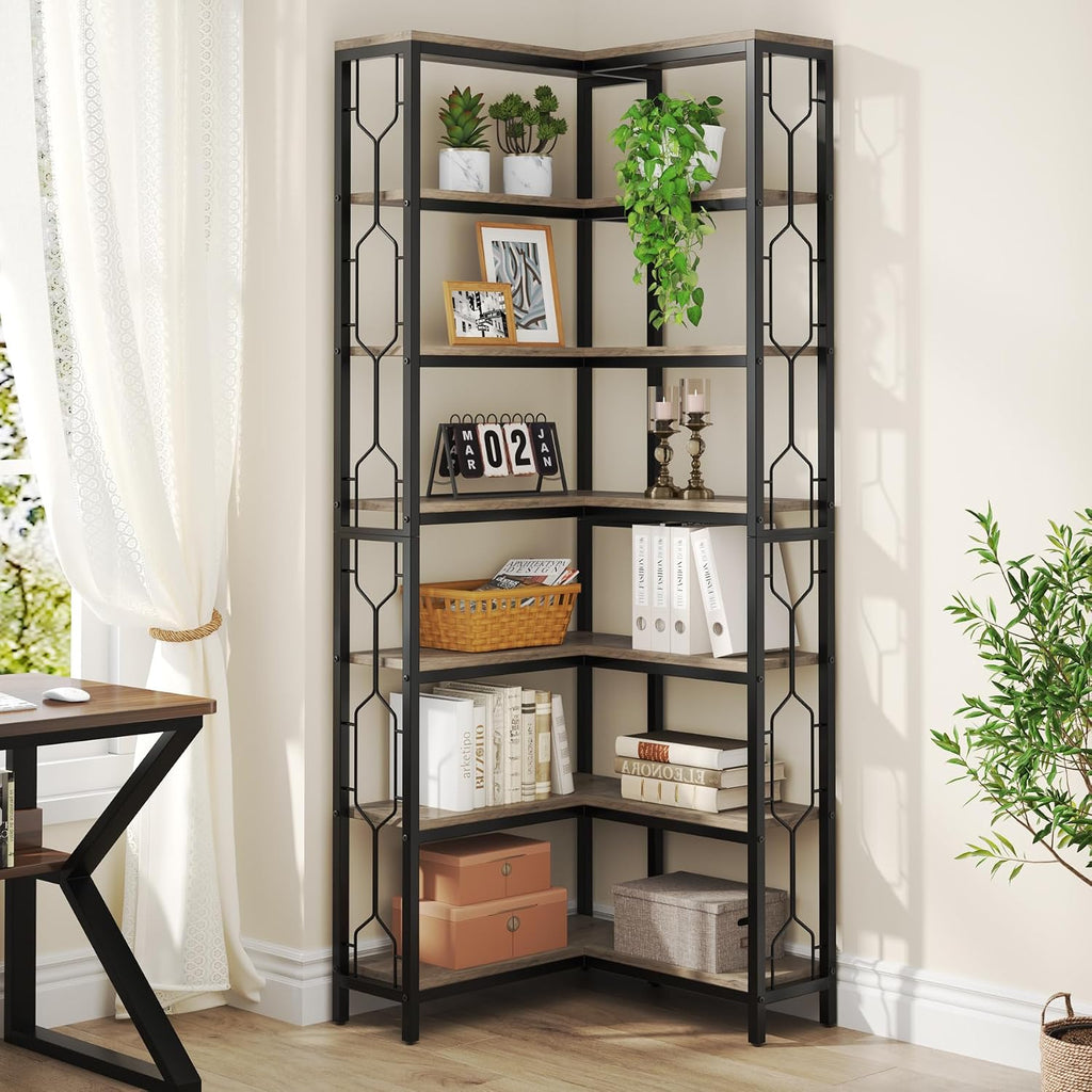 Tribesigns Corner Shelf, 7-Tier Industrial Corner Bookshelf, Wood and Metal Corner Etagere Bookcase, Freestanding Display Shelf for Living Room, Kitchen, Home Office, Gray