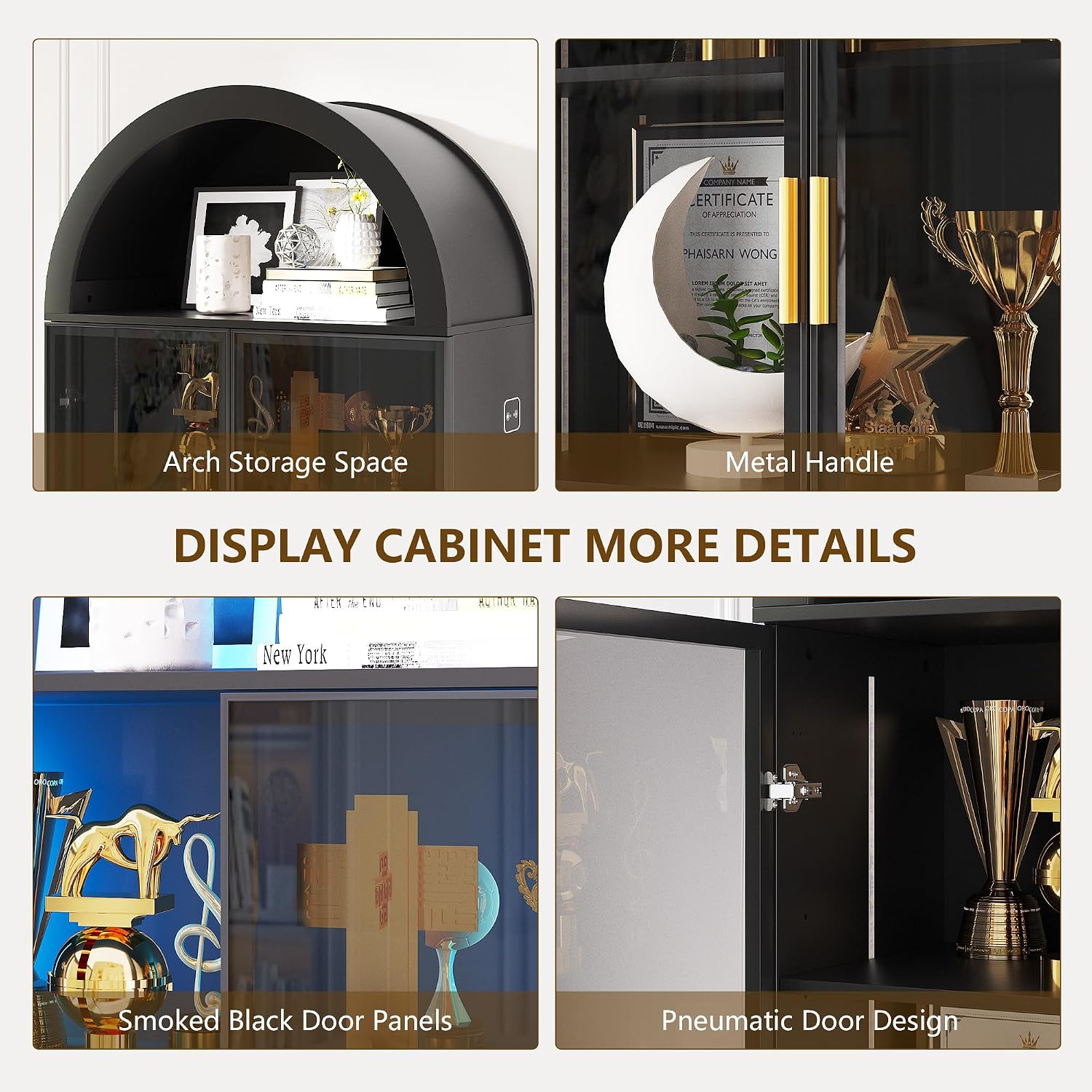 FREDEES Arch Display Cabinet with Doors, 76' Tall Display Case with Adjustable Shelves/3 Colors LED Lights, 6 Tier Bookcase for Collectibles Bedroom Living Room Office, Black