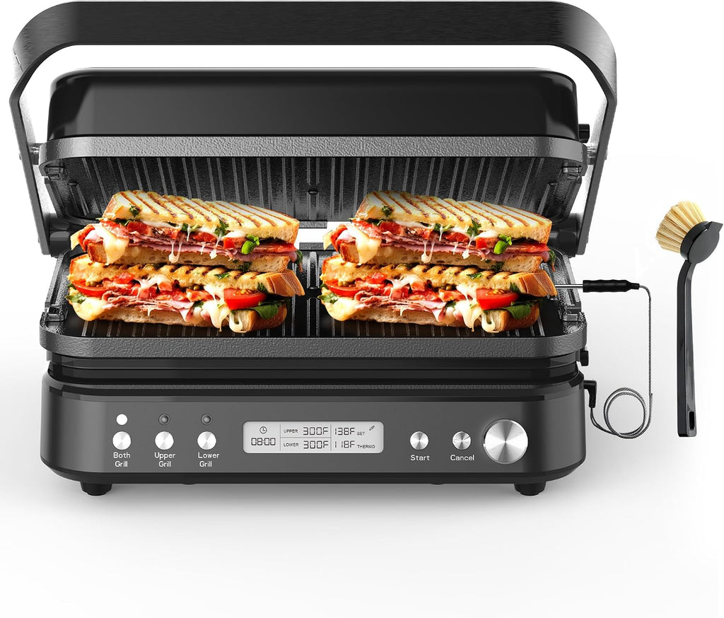 CATTLEMAN Panini Grill Press Sandwich Maker with Removable Plates, 1600W, 5 in 1 Smokeless Indoor Grill & Griddle with Meat Thermometer, PFAS Free Ceramic Nonstick Reversible Plates, Opens Flat