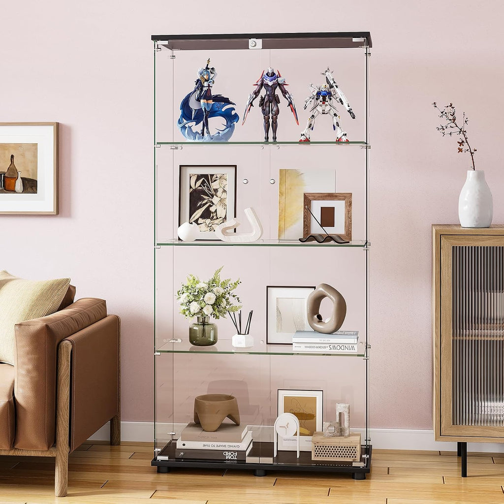 Glass Display Cabinet with 4-Shelf Double Doors and Lock, 5mm Tempered Glass Floor Standing Bookshelf for Living Room, Bedroom, Office, 64 x 31.7 x 14.3 in, Black