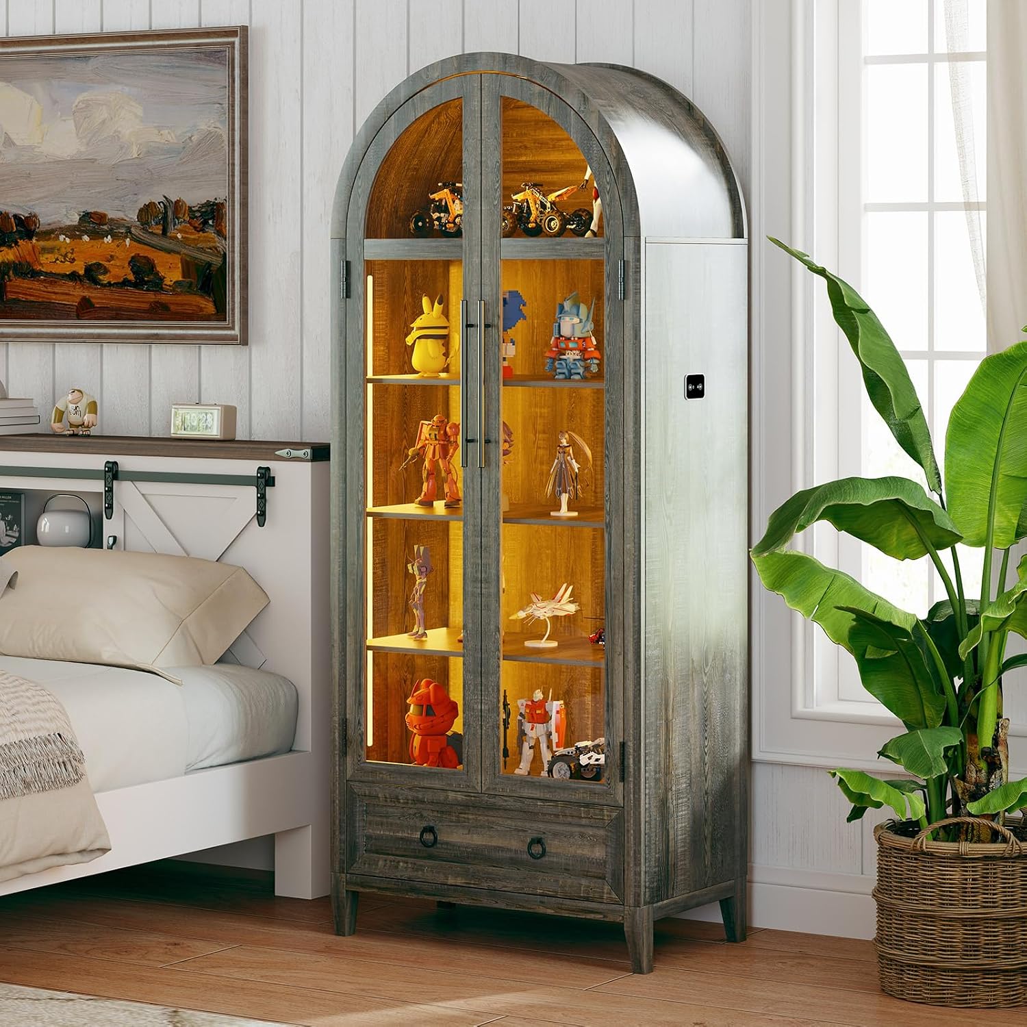 Arch Display Cabinet with Glass Doors, 4-Tier Curio Cabinet Shelves and a Drawer,73' Inch Tall LED Display Case for Collectibles,Bookcase for Bedroom Living Room Office,Brown