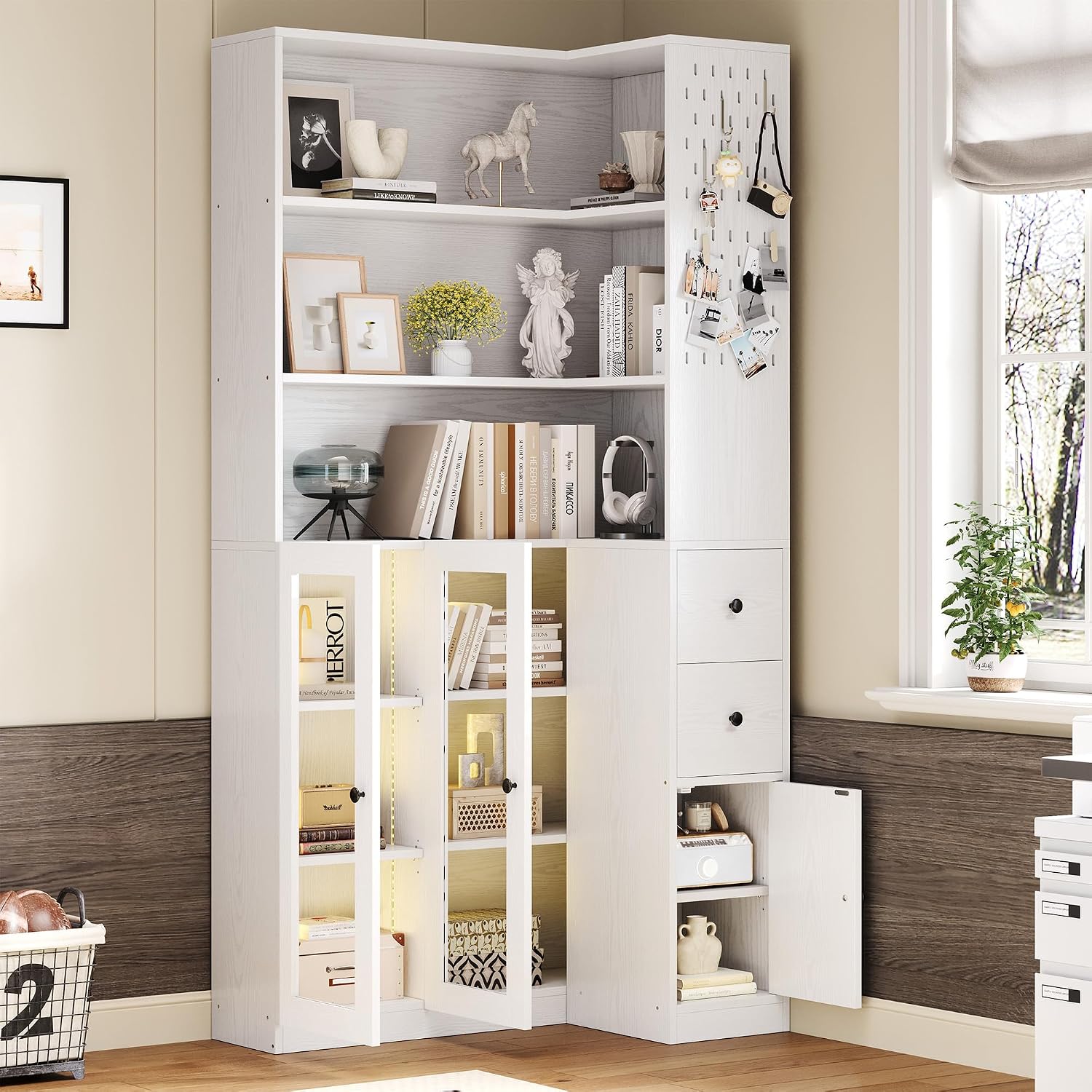 IRONCK Corner Bookshelf with LED Lights, 78.7' Tall Corner Bookshelves with 2 Drawers & Transparent Doors, 7 Tiers L-Shaped Bookcase with Open Shelves and Pegboards for Living Room, Home Office, White