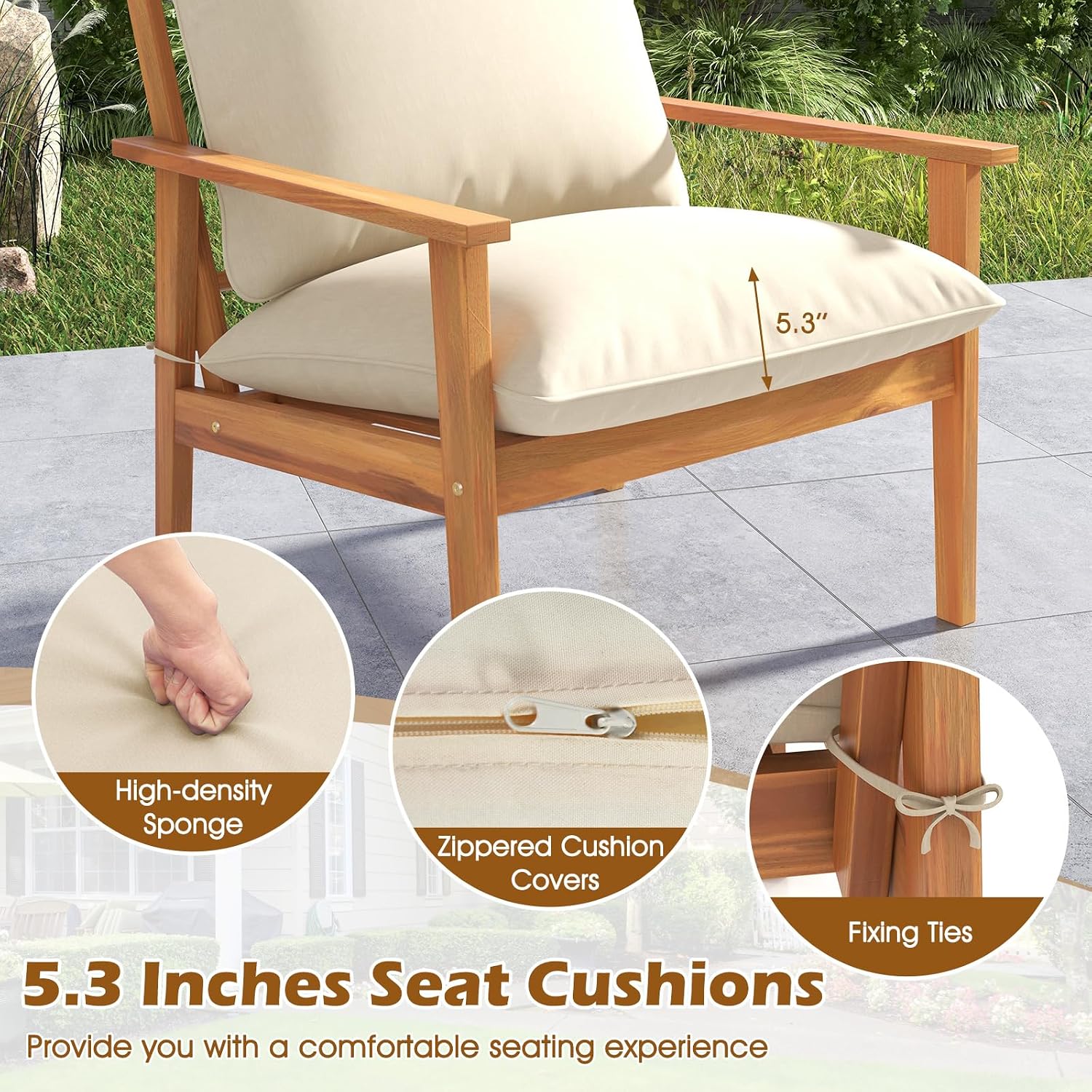 Tangkula 4 Pieces Patio Furniture Set, Outdoor Acacia Wood Conversation Set with Soft Cushions and Coffee Table, Outdoor Sectional Sofa Set for Lawn, Garden, Backyard and Poolside (1, Natural)