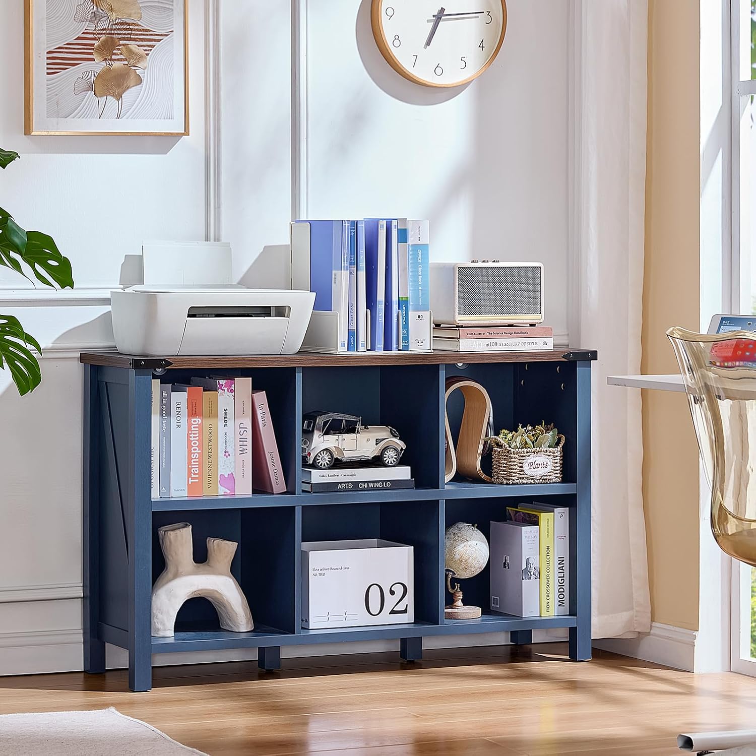 Joaxswe 6 Cube Bookcase, Farmhouse Wood Low Storage Organizer Book Shelf, 47' Horizontal Navy Blue Console Bookshelf with Legs, Hallway Book Case for Entryway, Display Cabinet for Living Room, Office