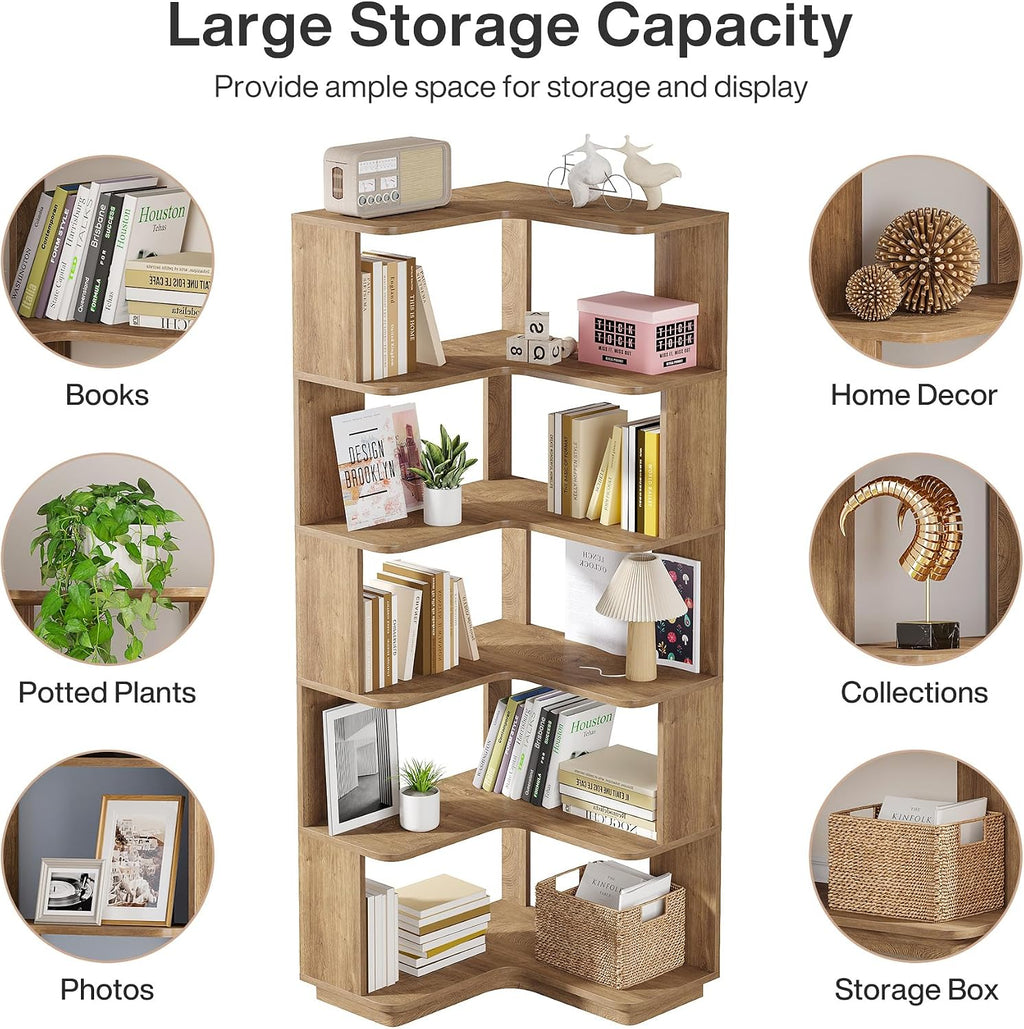 Tribesigns 6 Tier Corner Bookshelf, 64.9 Inches Tall L Shaped Bookcase with Anti-Drop Panel, Freestanding Wood Grain Shelf Display Rack Storage Organizer for Home Office (Light Brown)