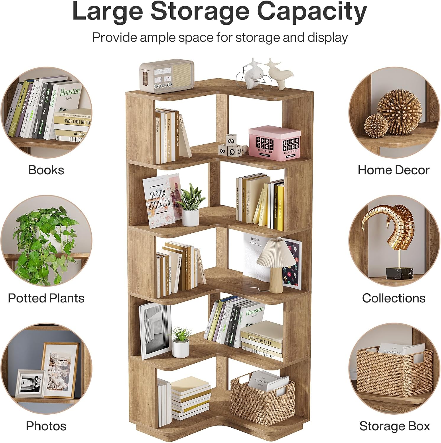 Tribesigns 6 Tier Corner Bookshelf, 64.9 Inches Tall L Shaped Bookcase with Anti-Drop Panel, Freestanding Wood Grain Shelf Display Rack Storage Organizer for Home Office (Light Brown)