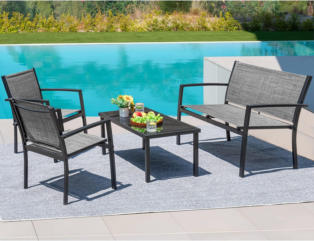 Devoko 4 Pieces Patio Furniture Set Outdoor Garden Patio Conversation Sets Poolside Lawn Chairs with Glass Coffee Table Porch Furniture (Grey)