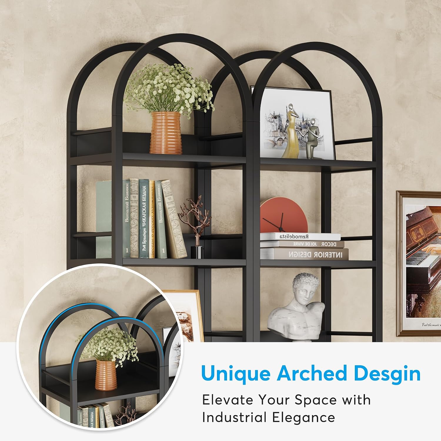 Tribesigns 6-Tier Open Bookshelf, 78.7' Tall Arched Bookcase Narrow Bookshelf with Metal Frame, Freestanding Corner Bookcase Display Shelves for Living Room, Home Office, Black