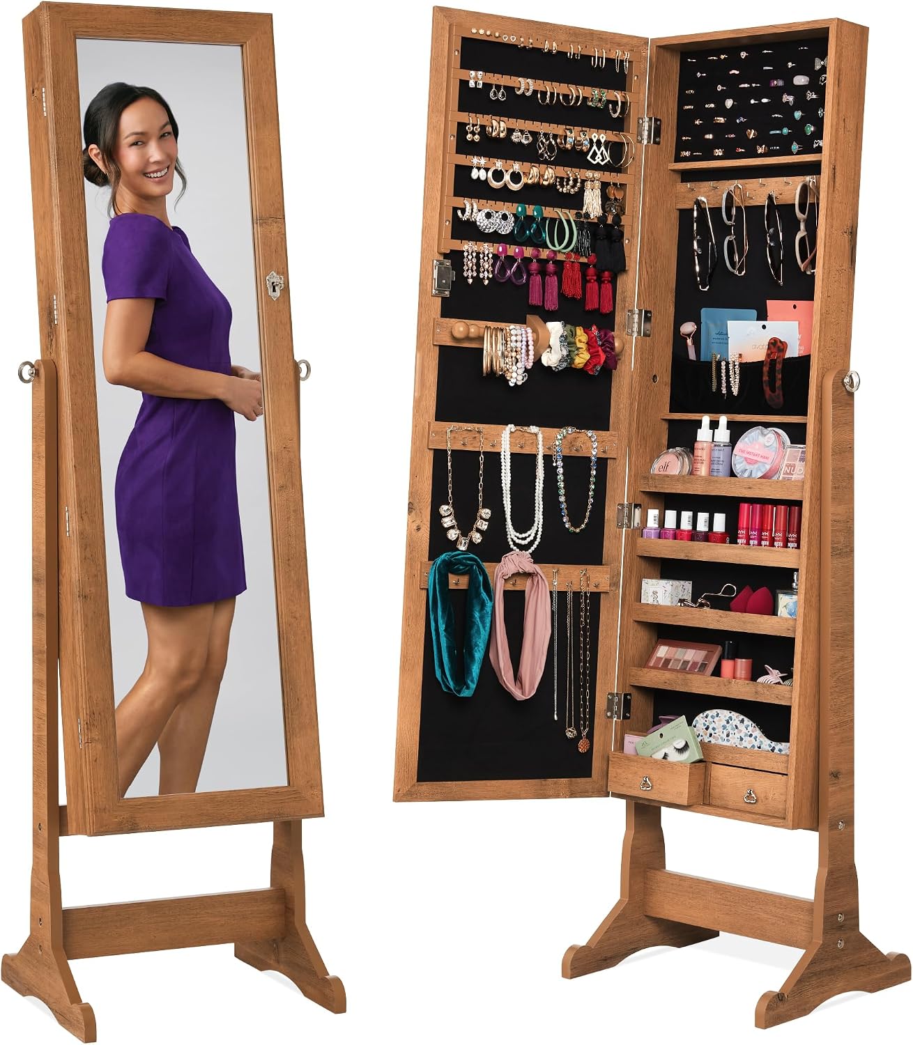 Best Choice Products Freestanding Jewelry Armoire Cabinet, Full Length Standing Mirror, Lockable Makeup Storage Organizer, w/Velvet Lining, 3 Angles, Lock, Accessory Pouch, 5 Shelves - Rustic Brown