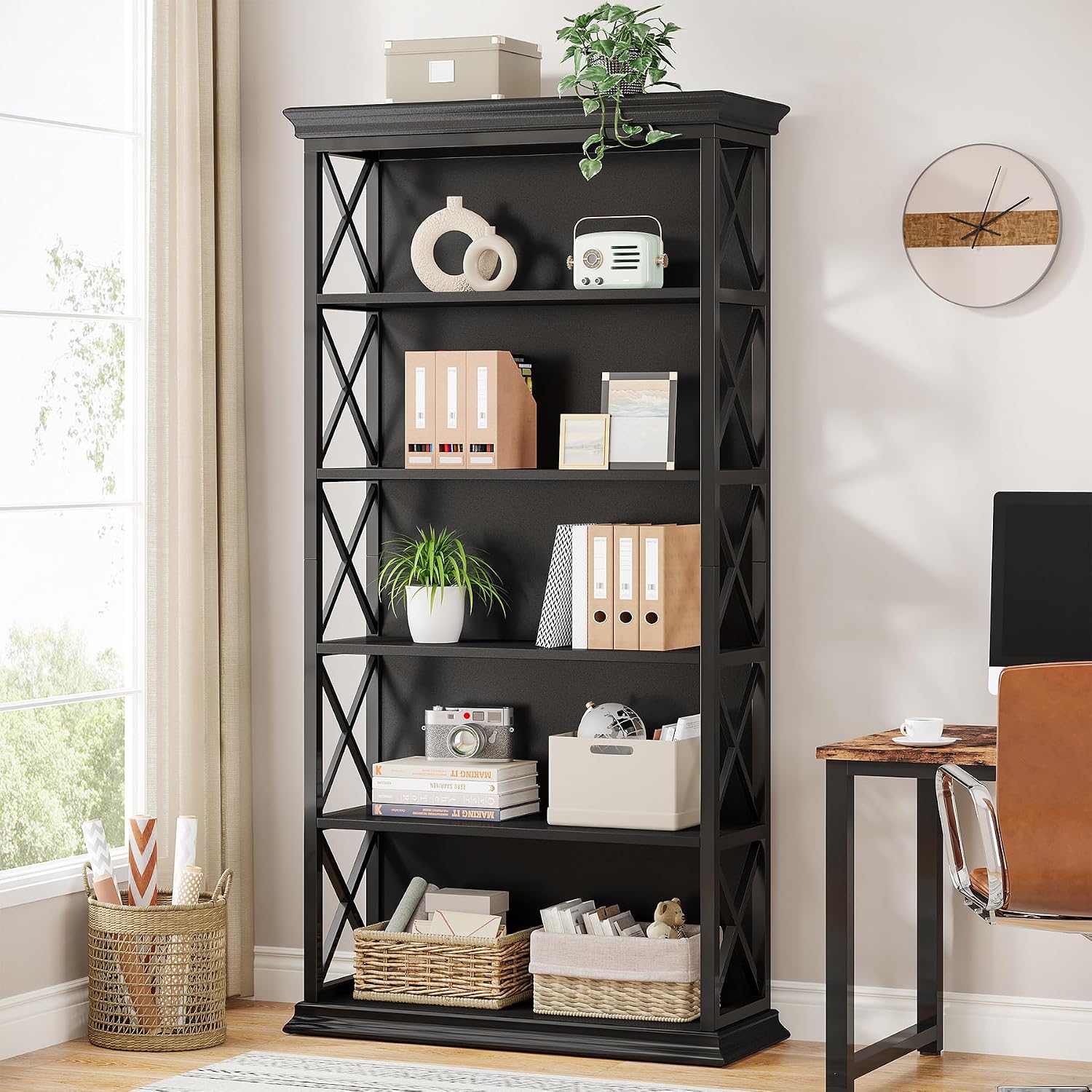 Tribesigns 6-Tier Bookcase, 71 Inches Industrial Bookshelves and Bookcases, Floor Standing 5 Shelf Display Storage Shelves Tall Bookcase for Home Office, Living Room, Bed Room, All Black