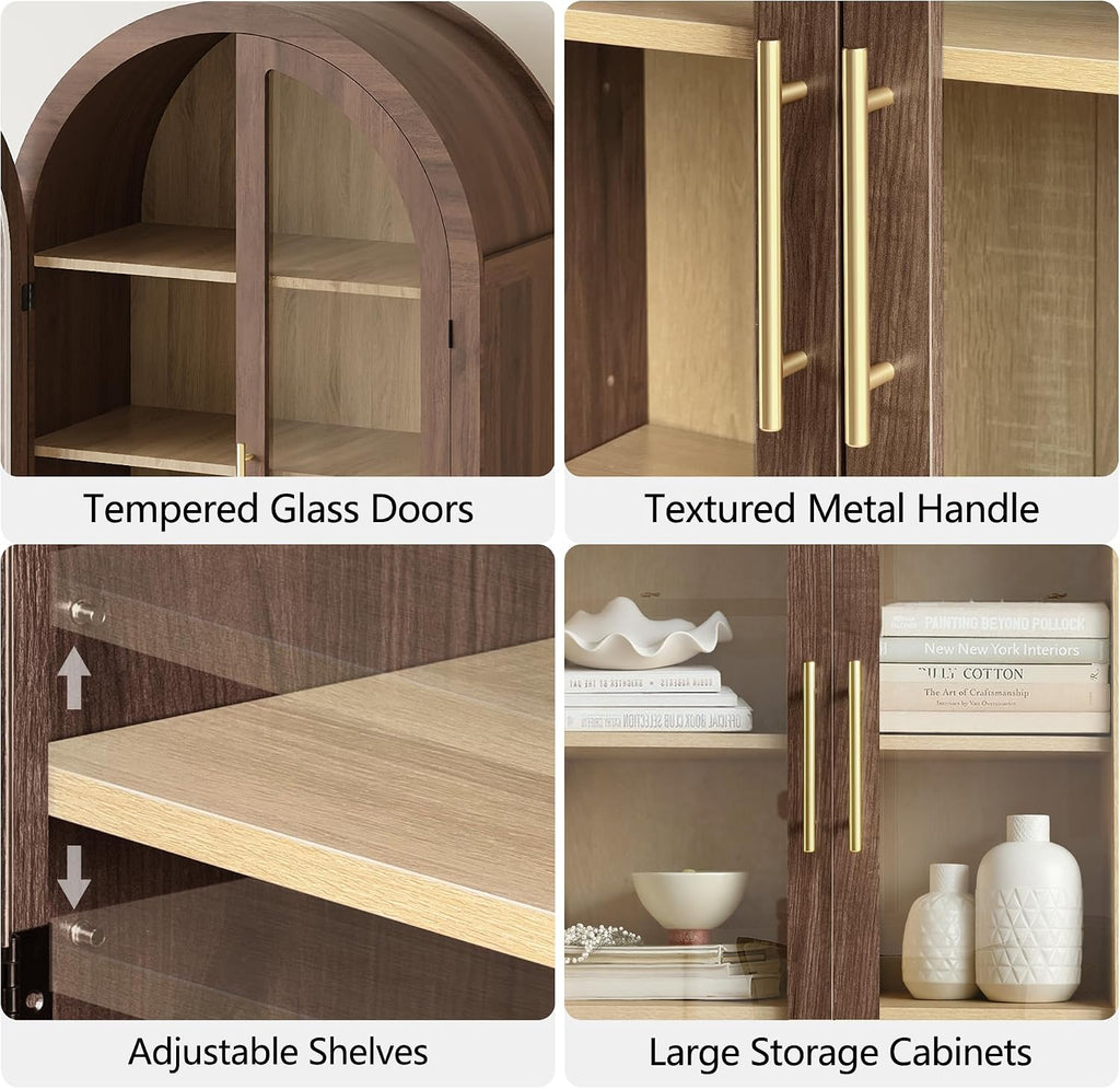 win2win Tall Arched Cabinet with Glass Doors, 69' Pantry Storage Cabinets with Fluted Doors & Adjustable Shelves, Mid Century Modern Wood Display Bookcase for Kitchen, Living Room, Bathroom, Walnut