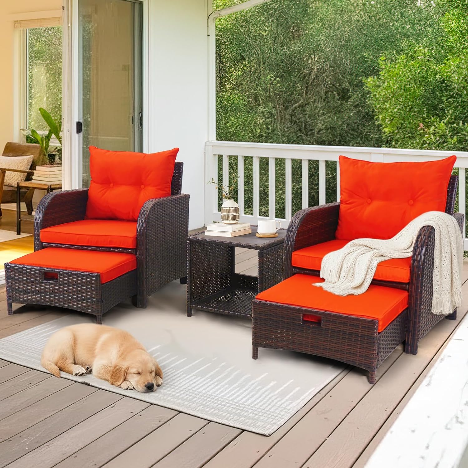 5 Pieces Wicker Patio Chairs Set with Ottomans, Orange Cushioned Lounge Chairs Set of 2 with Ottoman, PE Rattan Outdoor Furniture with Ottoman Set for Balcony Porch