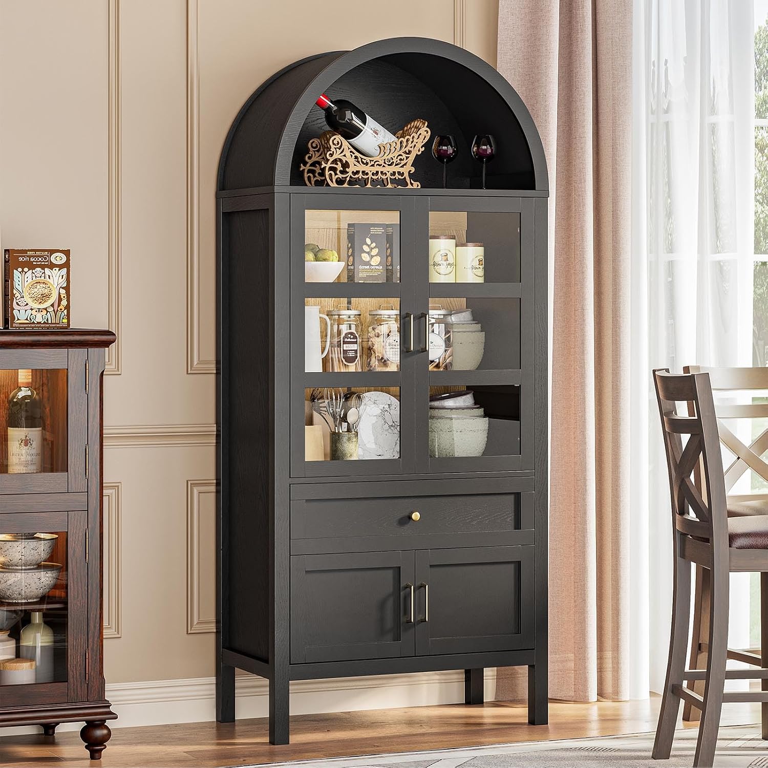 71' Display Arched Storage Cabinet with Glass Doors & Auto Sensor LED Lights, Tall Modern Black Storage Cabinets with Drawers and Adjustable Shelves for Dining Room/Bathroom/Kitchen/Office
