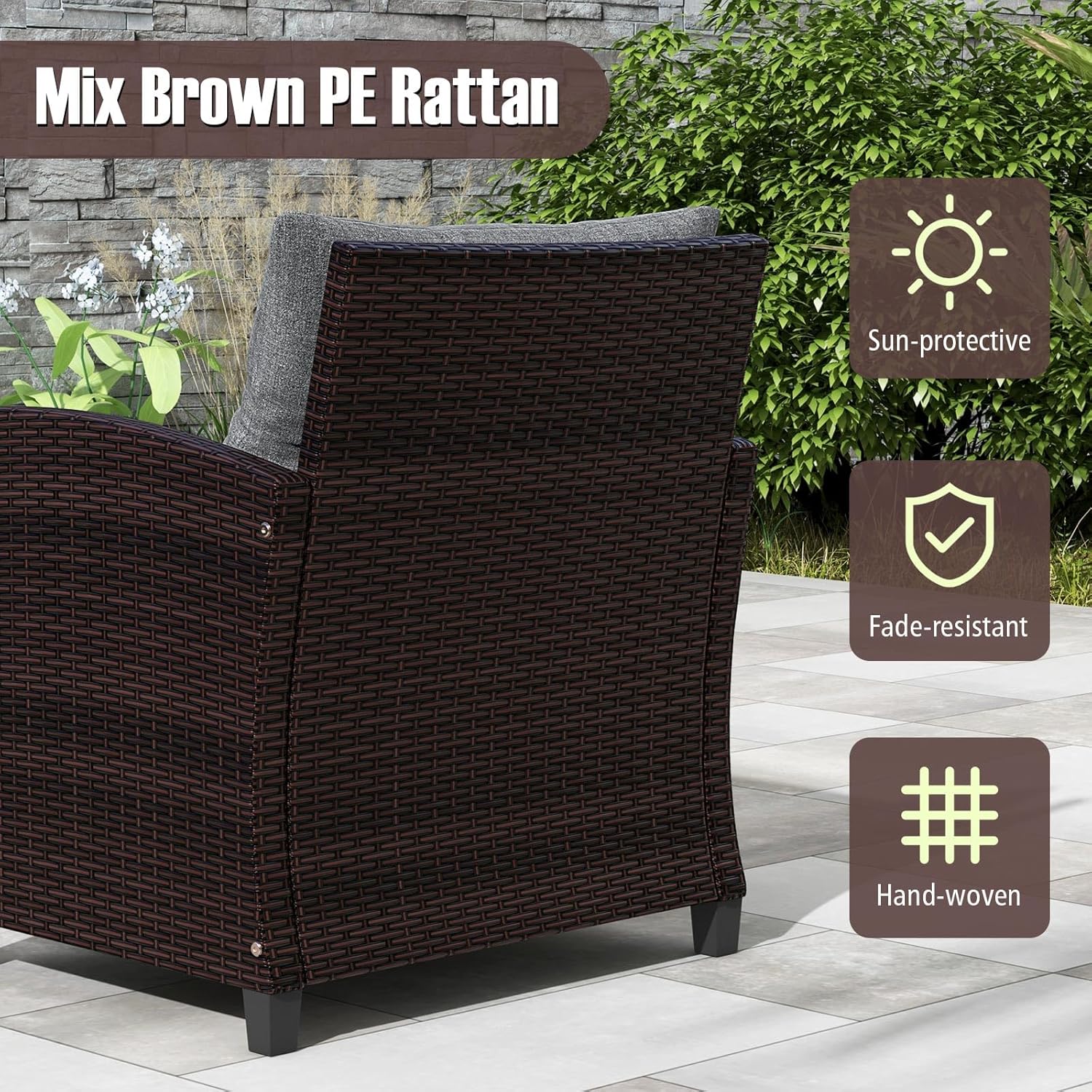 Tangkula 3 Pieces Patio Furniture Set, PE Rattan Wicker 3 Pcs Outdoor Sofa Set w/Washable Cushion and Tempered Glass Tabletop, Conversation Furniture for Garden Poolside Balcony (Grey)