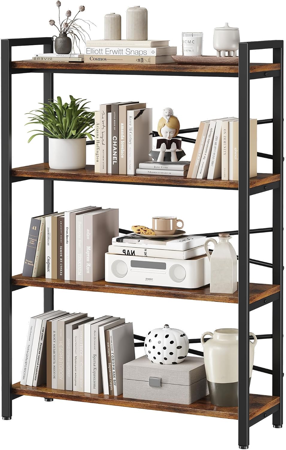 4 Tier Bookshelf 31.49' Width, Book Organizers and Storage, Wood and Metal Tall Bookcase, Rustic Book Shelf Organization and Storage for Home Living Room Bedroom Office Storage(Rustic Brown)