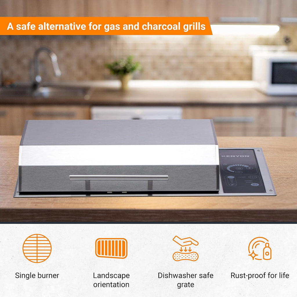 Kenyon Frontier Built-in Electric Grill, Single Burner With IntelliKEN Touch Control, Stainless Steel Body, Rust-Proof Grill, UL-Approved For Indoor And Outdoor Use, Dishwasher Safe Grate, 240 Volts