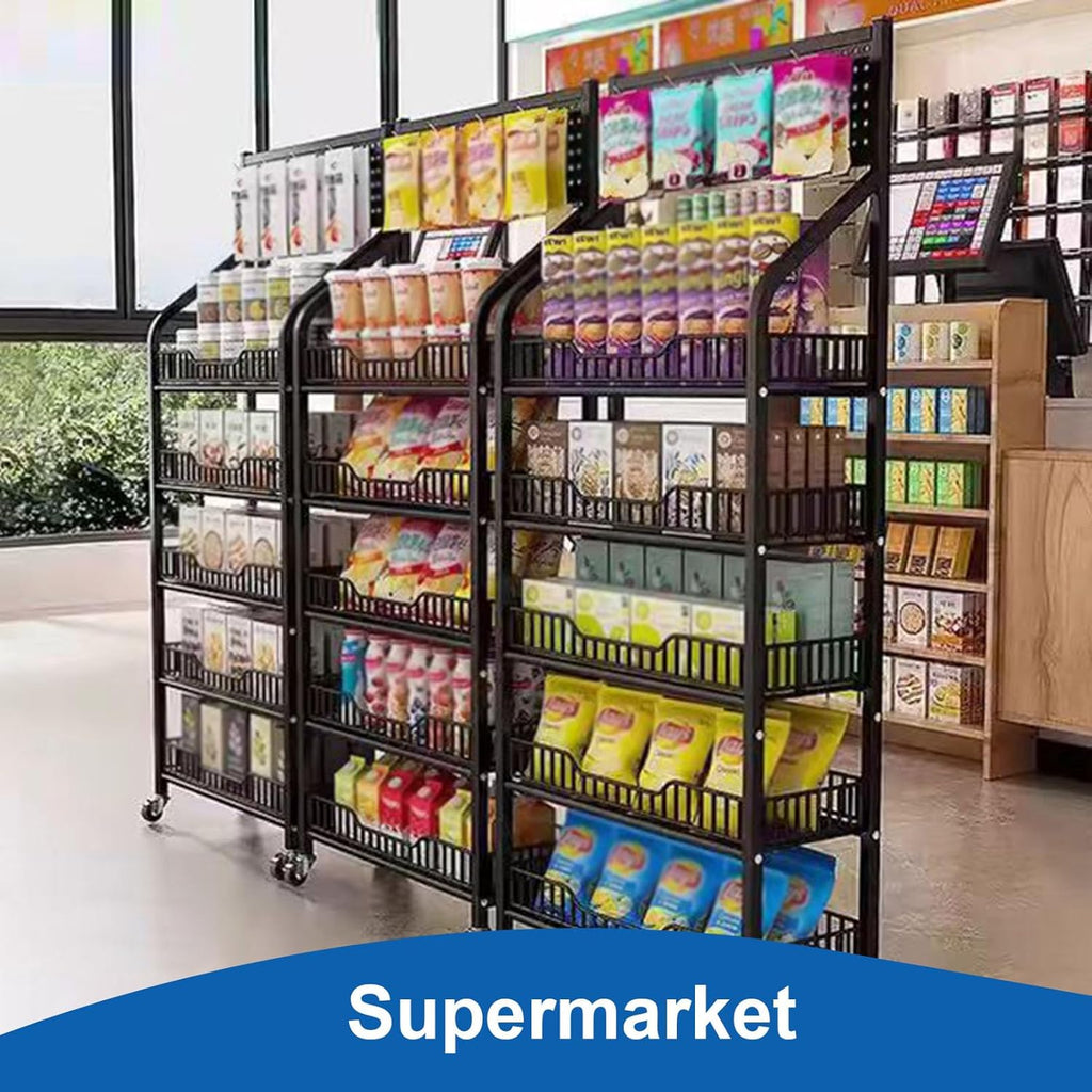 5 Tier Retail Display Rack, Snack Organizer Stand With Wheels & Hooks, Candy Potato Chip Metal Wire Display Shelf Cart for Supermarket and Home Kitchen, Black