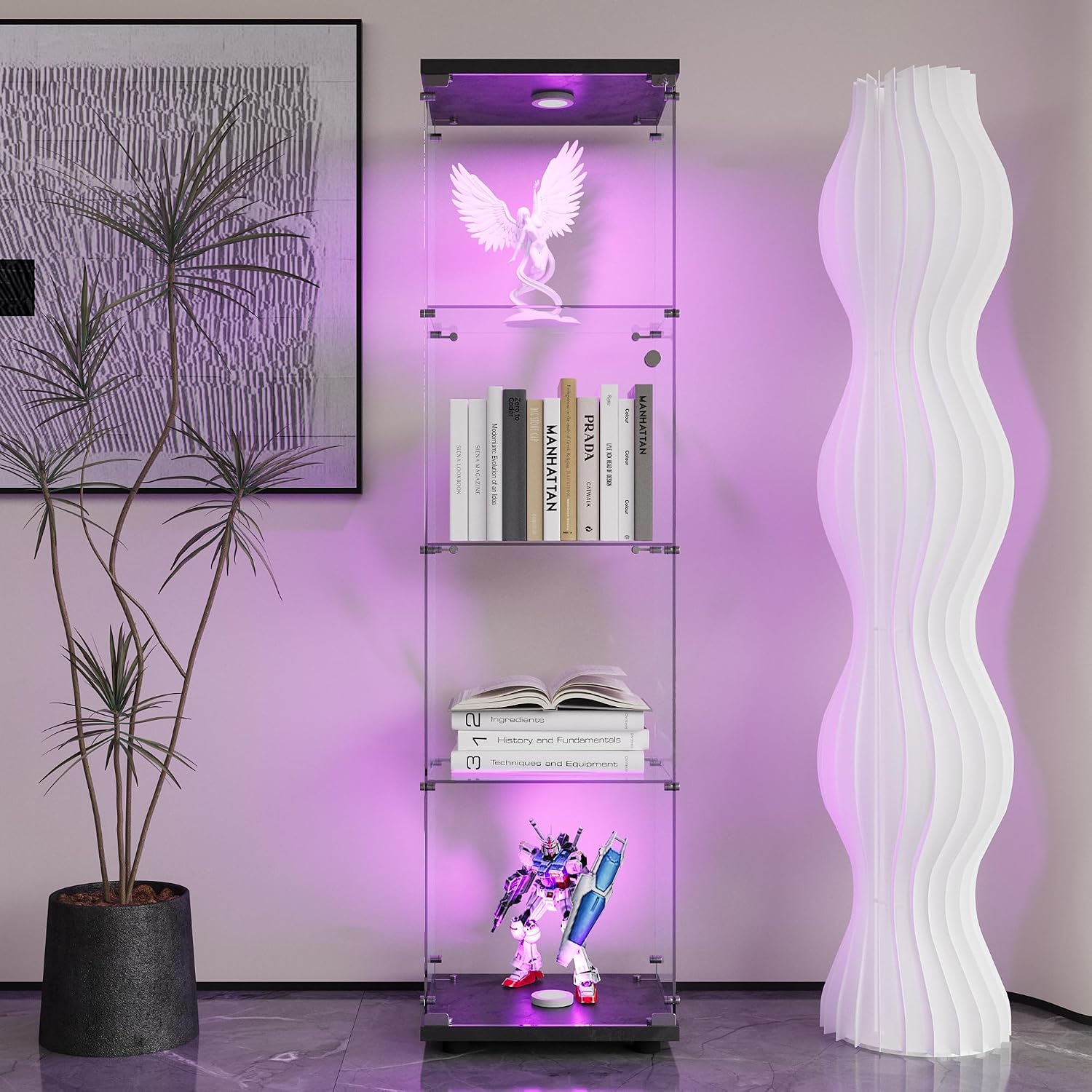 Glass Display Cabinet 4-Shelf with LED Lights and Lock,Curio Cabinets Upgraded Quick-Install Storage Cabinet,Glass Floor Standing Bookshelf for Bedroom,Living Room(Black)