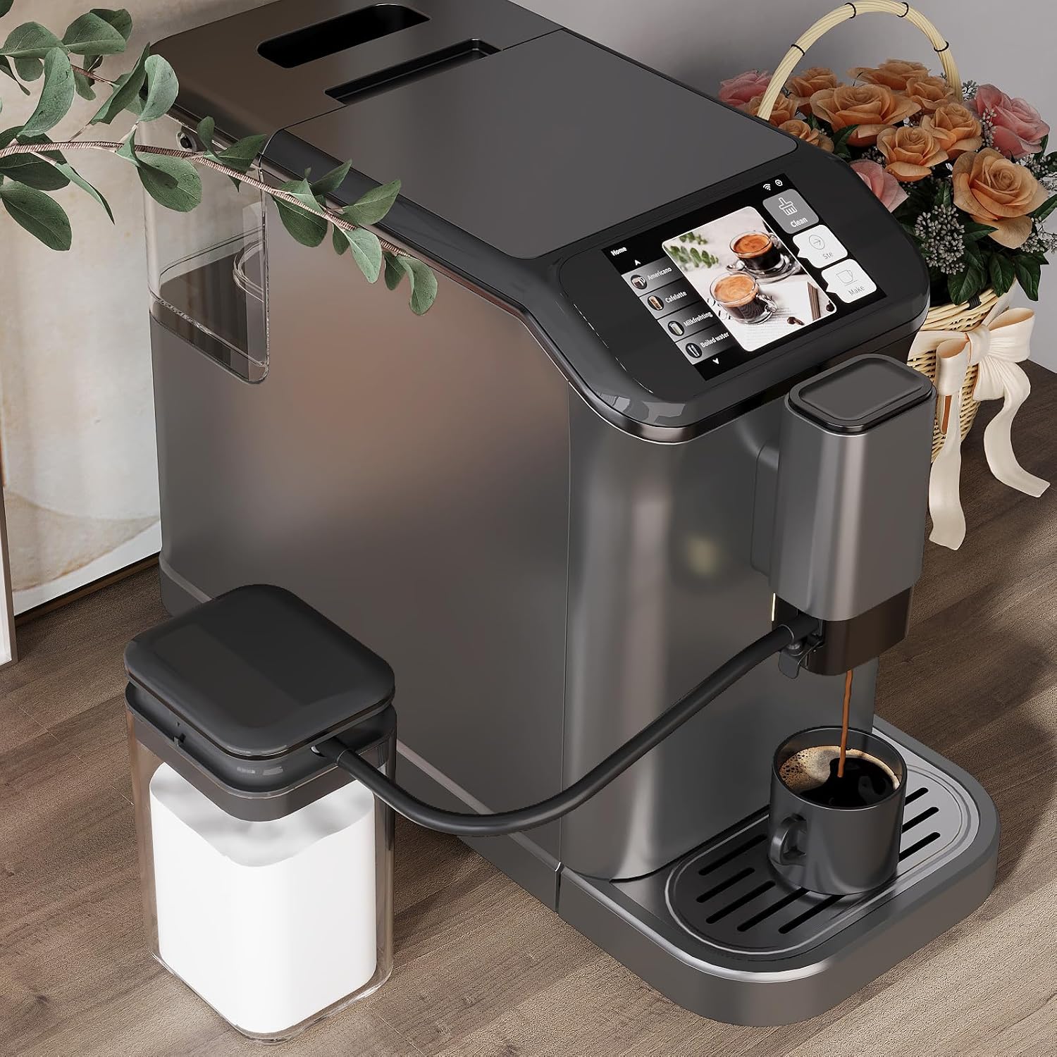 Super Automatic Espresso Machine & Coffee Maker, 20Bar Pressure, Built-in Conical Burr Grinder & Milk Frother, 6 One-Touch Recipes, Auto Clean, 1.5l Water Tank, for Home Office, 120v, Grey