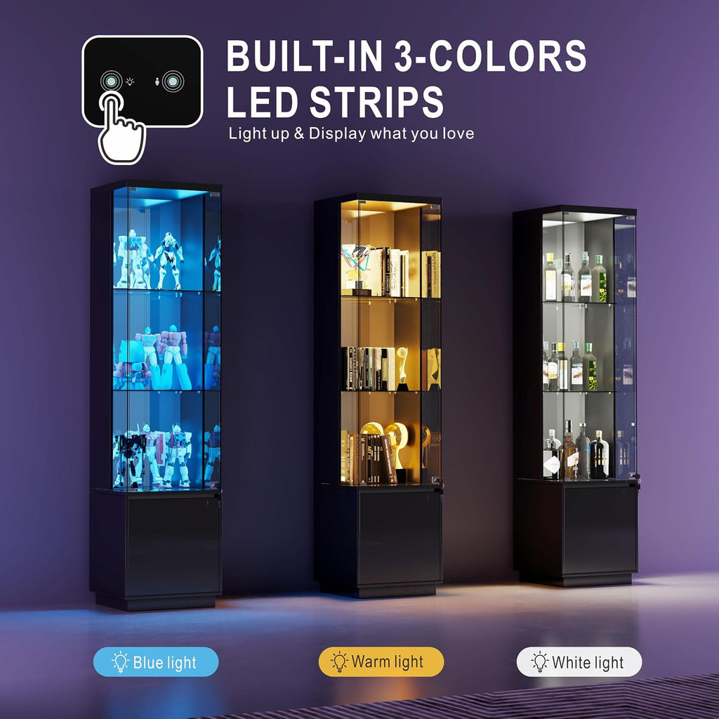 Lvifur Lockable Curio Display Cabinet with Glass Door,65' Lighted Curio Cabinet with 3 Color Lights for Collectibles,3-Tier Glass Display Case with Human Body Sensor for Living Room,Black