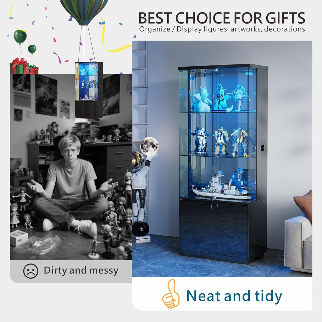 Lvifur 71' Glass Display Cabinet with Lights, Modern Curio Cabinet Display Cases for Collectibles, Locking Cabinet with Shelves & Drawers, Tall Bookcase with Human Body Sensor for Living Room (Black)