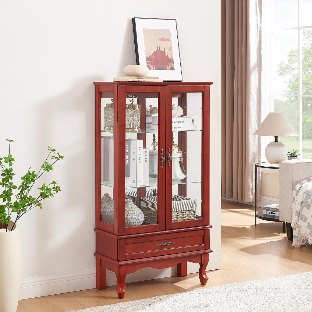 49' H Lighted Curio Display Cabinet with 2 Glass Doors & 1 Drawer, Wooden Curio Showcase w/Adjustable Shelves & Mirrored Back Panel, Wine Storage Cabinet Display Case for Living Room (Cherry)
