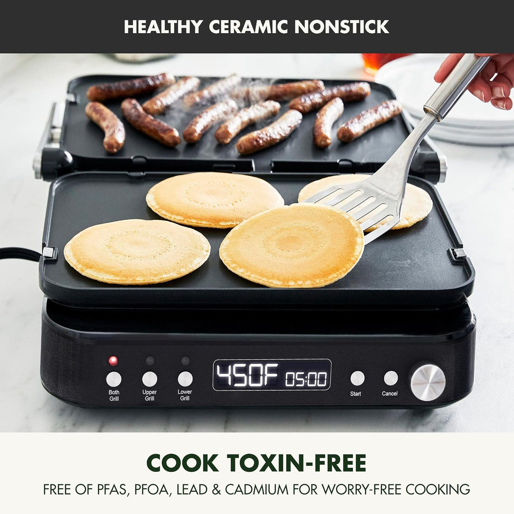 GreenPan 6-in-1 Multifunction Removable Plate Indoor Grill & Electric Griddle, Diamond Infused PFAS Free Ceramic Nonstick Reversible Plates, Opens Flat, Adjustable Temp, Panini Press, Black