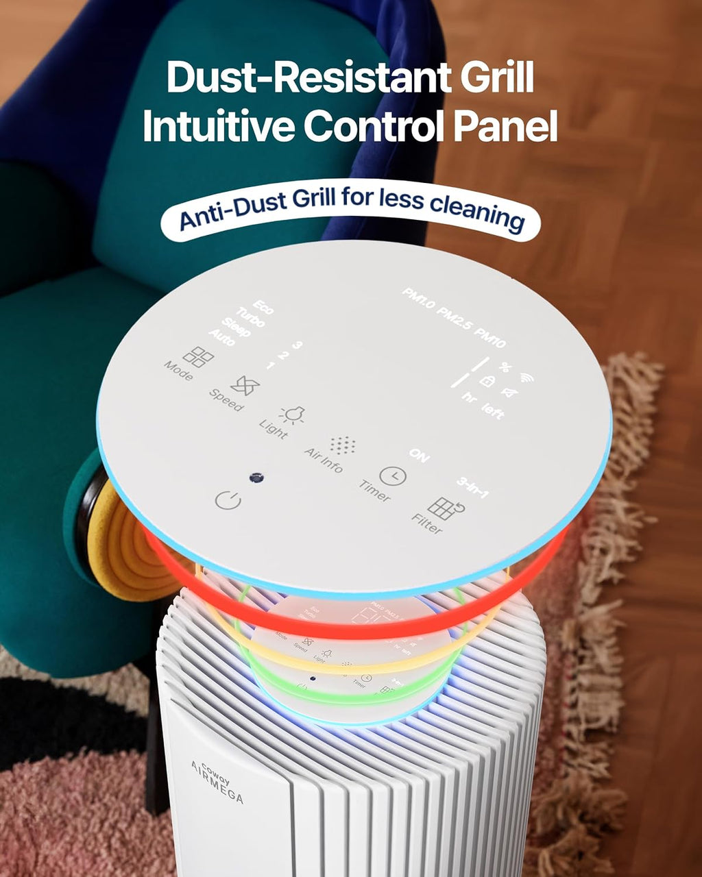 COWAY Air Purifier for Large Room Whole Home Up to 3,285 ft², HEPA Filter for Smoke, Allergen, Pet Dander, Odor, PM(1, 2.5, 10), AQI, Turbo Eco Mode, Energy Star, 3yr Warranty, Airmega 450 White