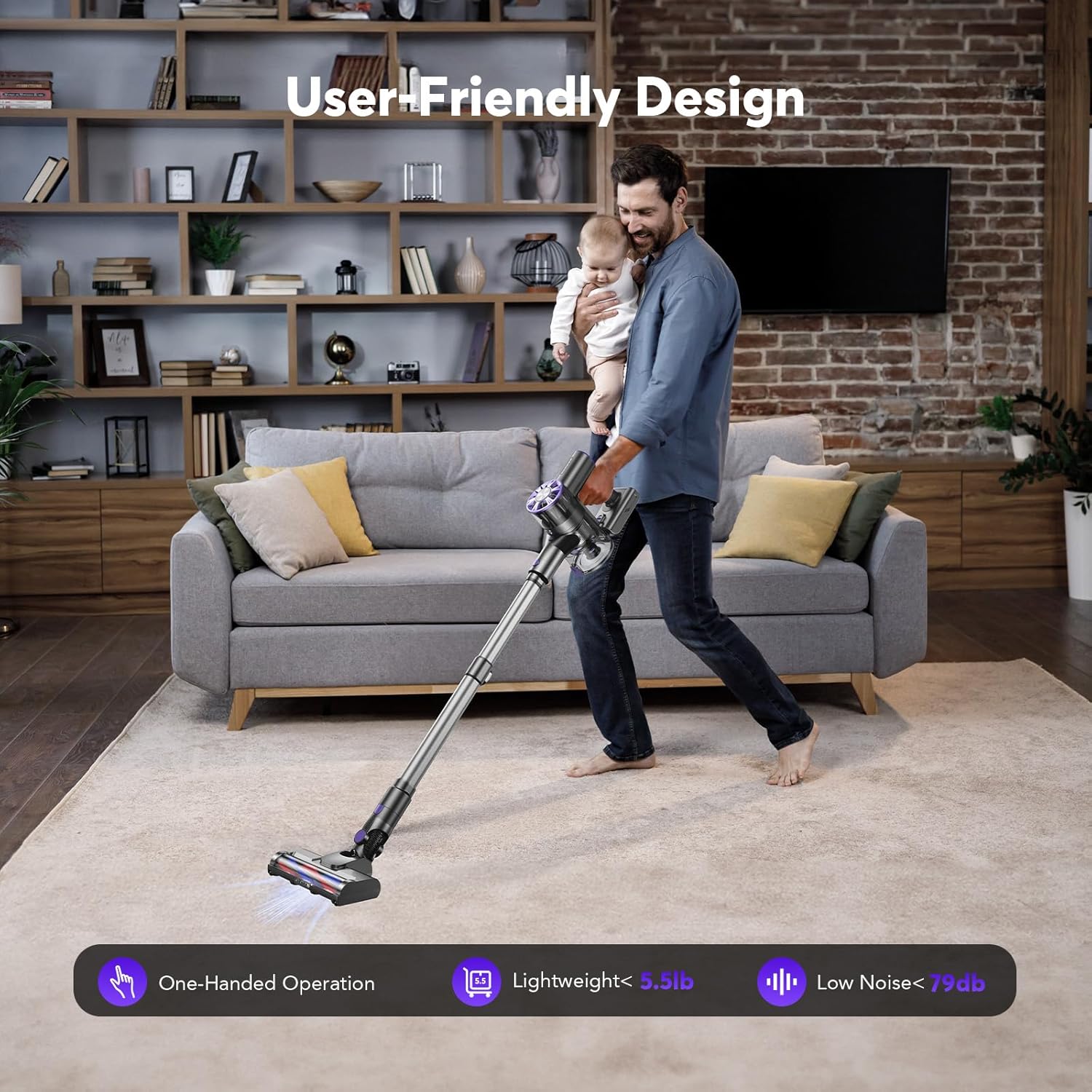 Comvtu Cordless Vacuum Cleaner Rechargeable with Detachable Battery, Powerful Vacuums with 2 Adjustable Modes, Lightweight Portable Stick Vacuum (Hibiscus)