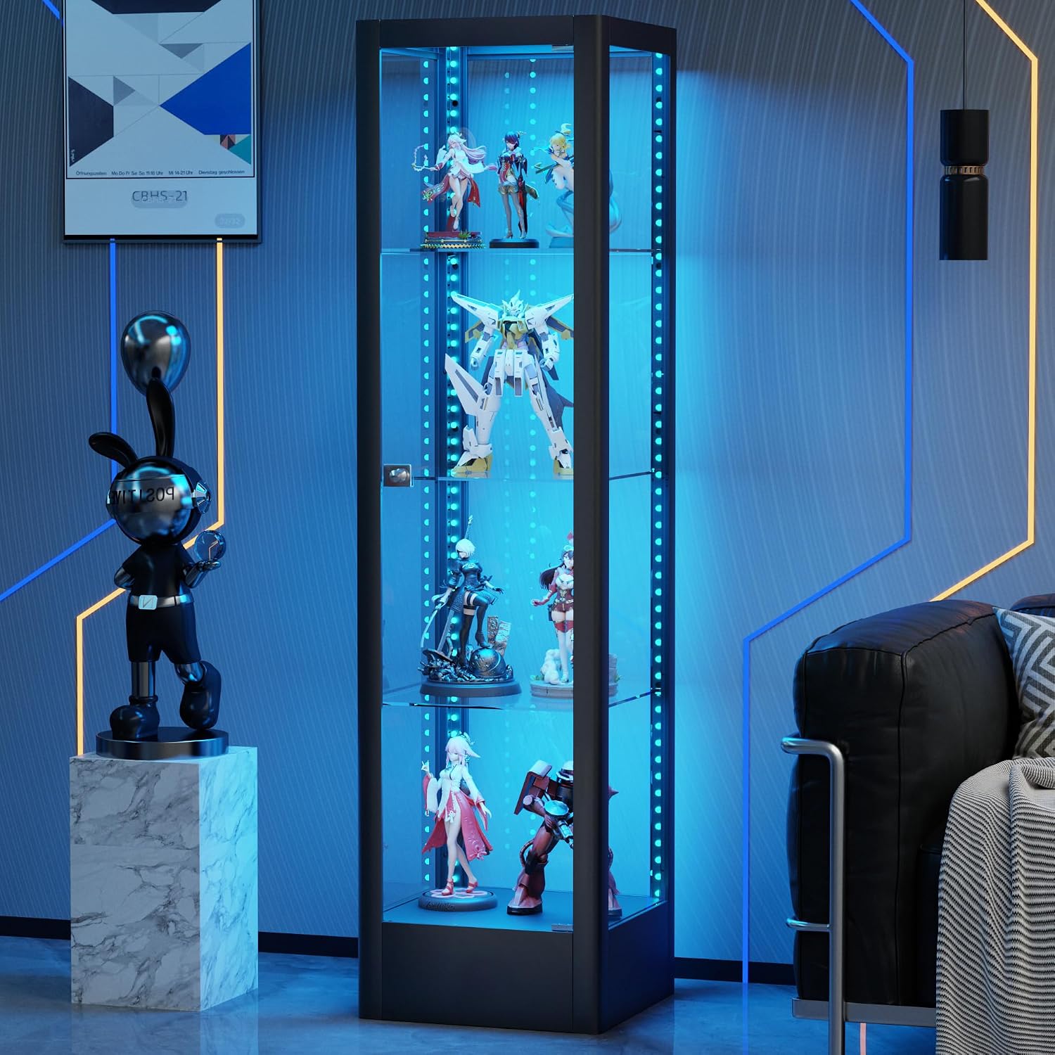 Glass Display Cabinet with 13-Color Light, 63' 4-Tier Curio Cabinet with Glass Door & Lock, Lighted Display Case with Adjustable Shelves for Collectibles Figures Trophy (Black)